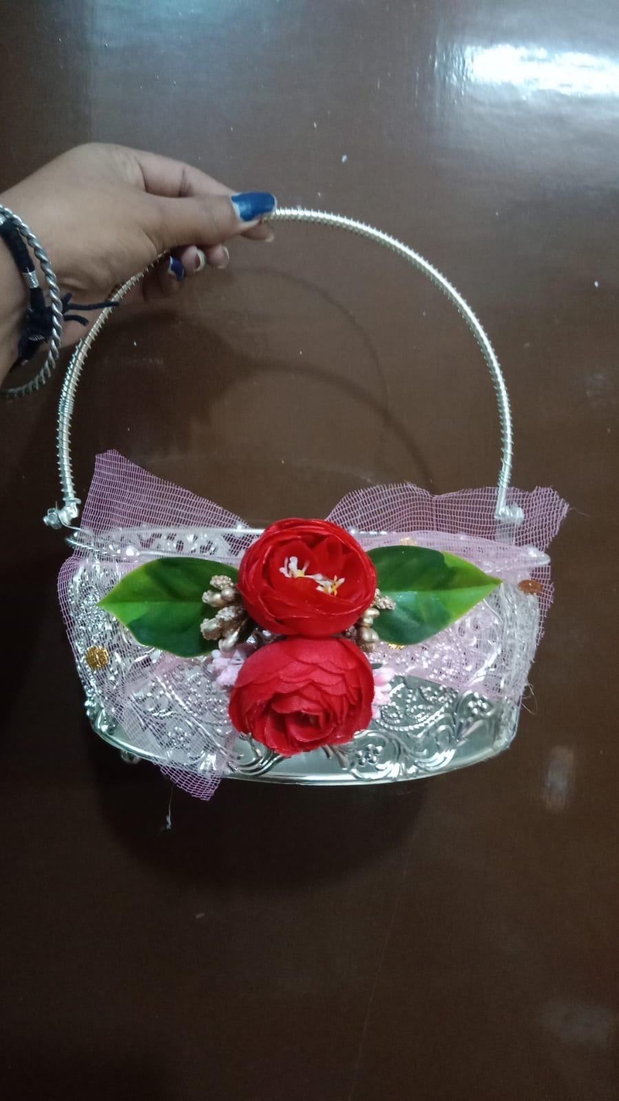 Handmade Flower Decor German Silver Tray with Handle - 8 Inch Pooja Thali