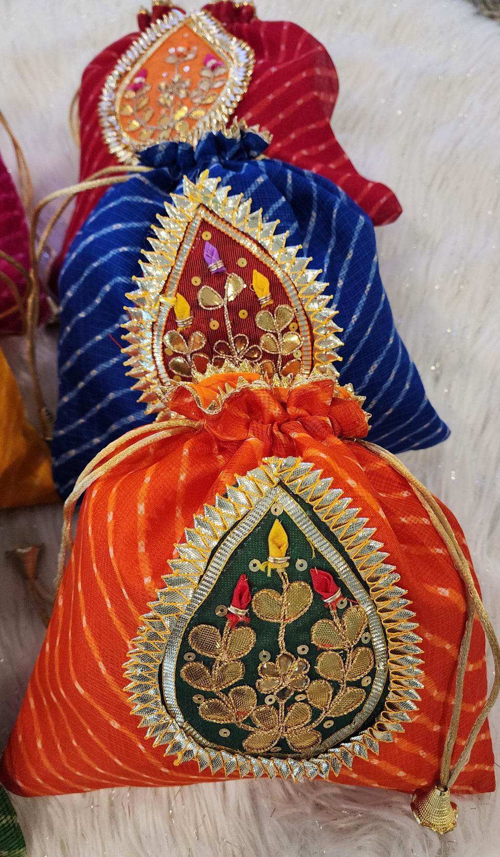 Embroidered Leheriya Potli Bag: Multicolor Gota Work, Wedding Favor