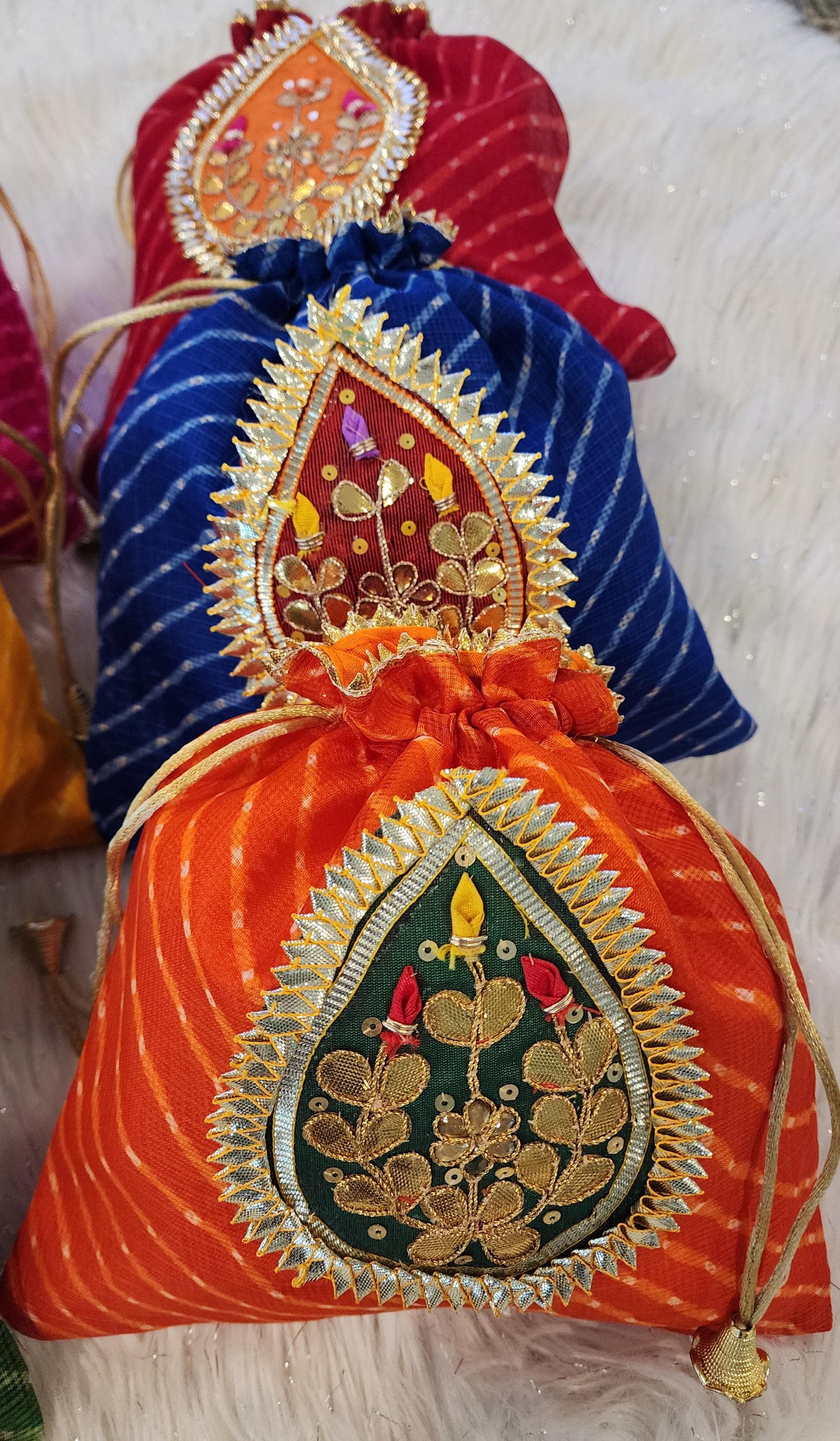 Embroidered Leheriya Potli Bag: Multicolor Gota Work, Wedding Favor