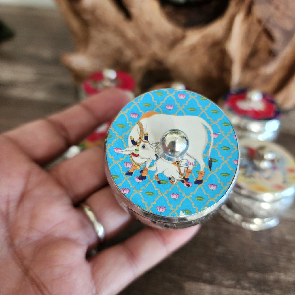 Handcrafted Enamel Haldi Kumkum Dibbi: German Silver Pichwai, Wedding Favor.