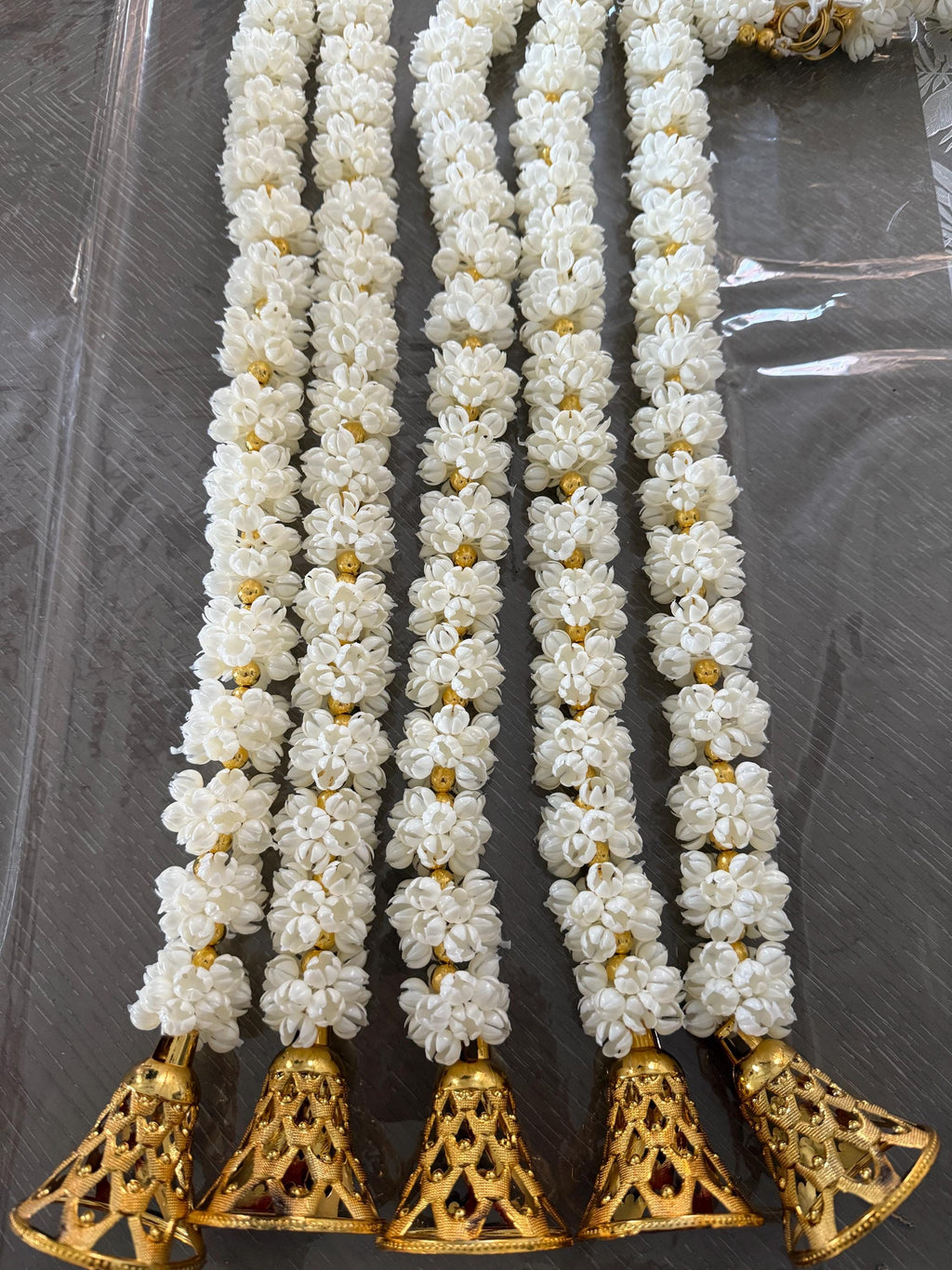 Mogra Bell Garland: White & Gold Artificial Flower String - Diwali Wedding Decor
