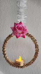 Handmade Pink Rose Garland with Golden Ring: Indian Wedding Diwali Decor.