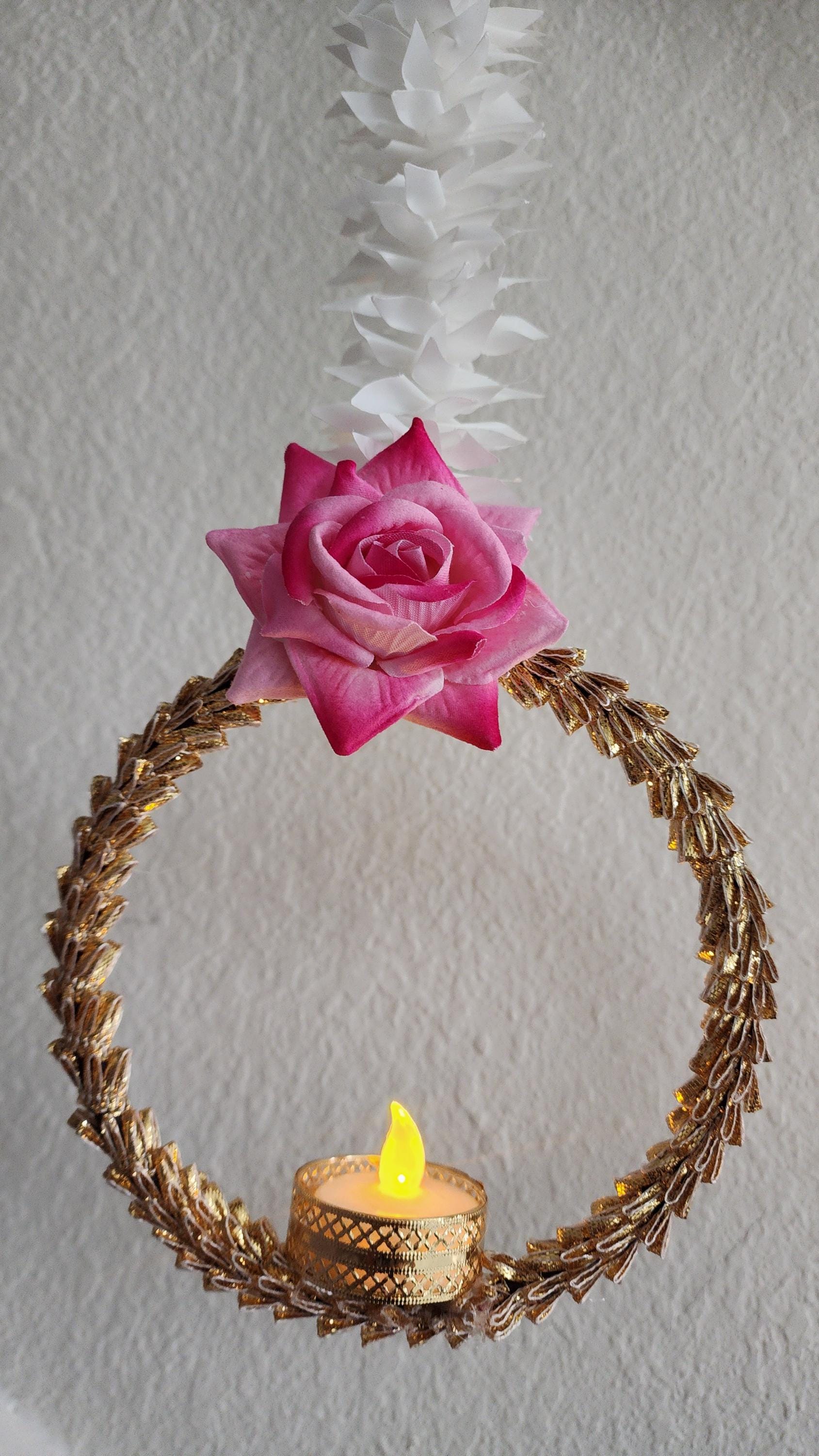 Handmade Pink Rose Garland with Golden Ring: Indian Wedding Diwali Decor.