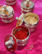 Handcrafted Enamel Haldi Kumkum Dibbi: German Silver Pichwai, Wedding Favor.