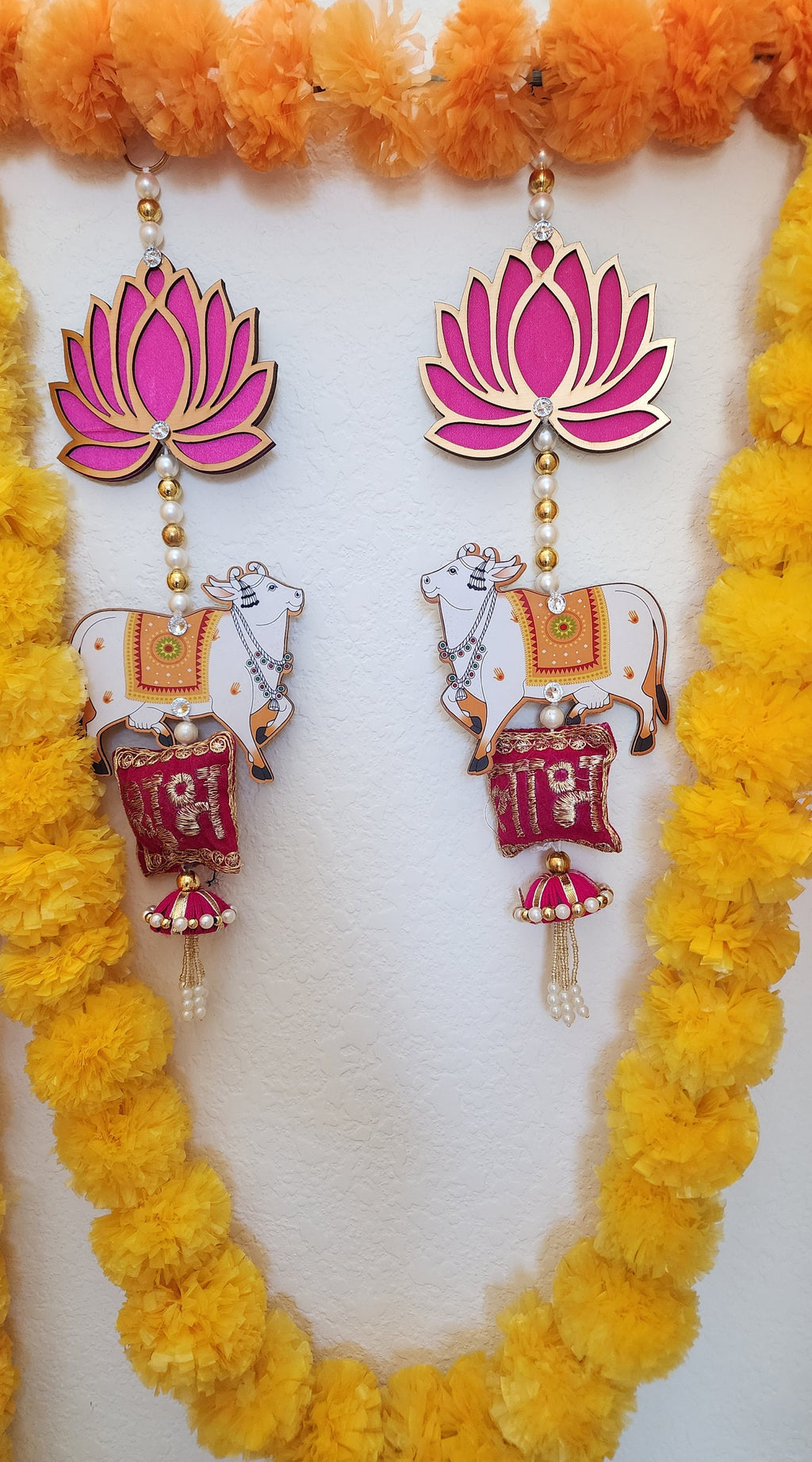 Lotus & Pichwai Cow Shubh-Labh Hanging Pair: Indian Decor