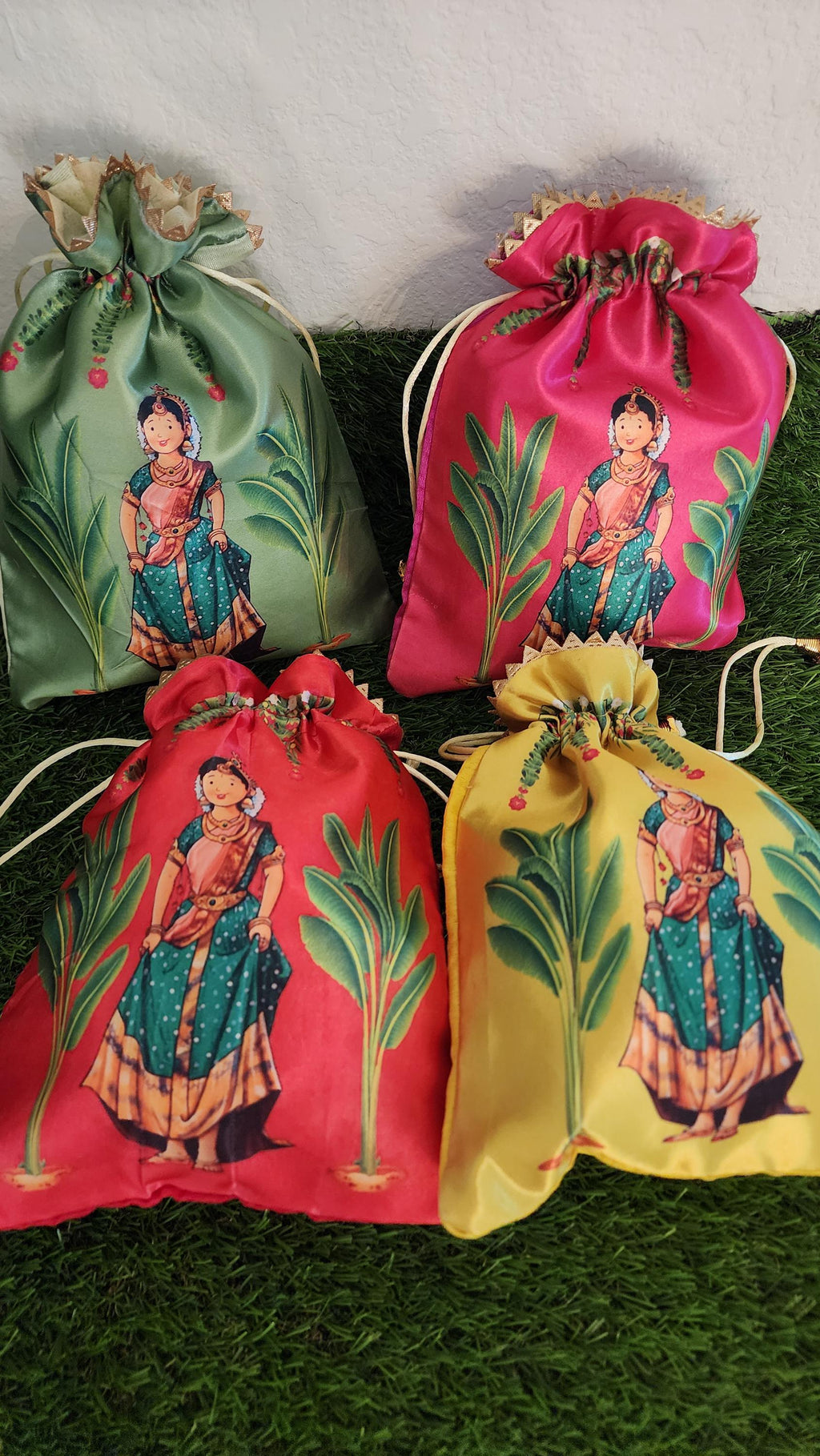 Silk Potli Bags: Haldi Mehndi Wedding Favor Gift Bags.