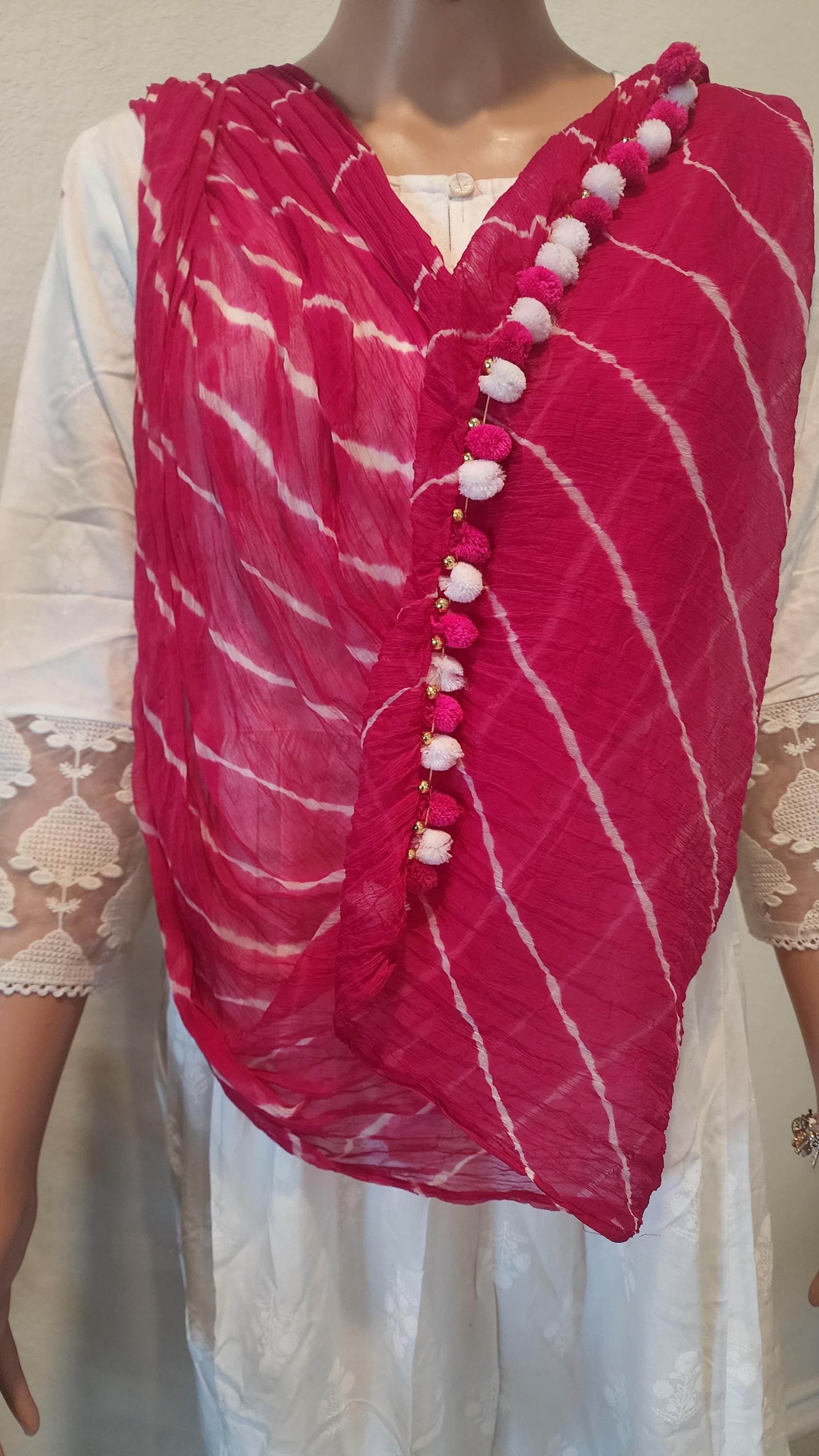 Bandhani Art Silk Dupatta: Rajasthani Tie Dye Scarf with Pom Poms