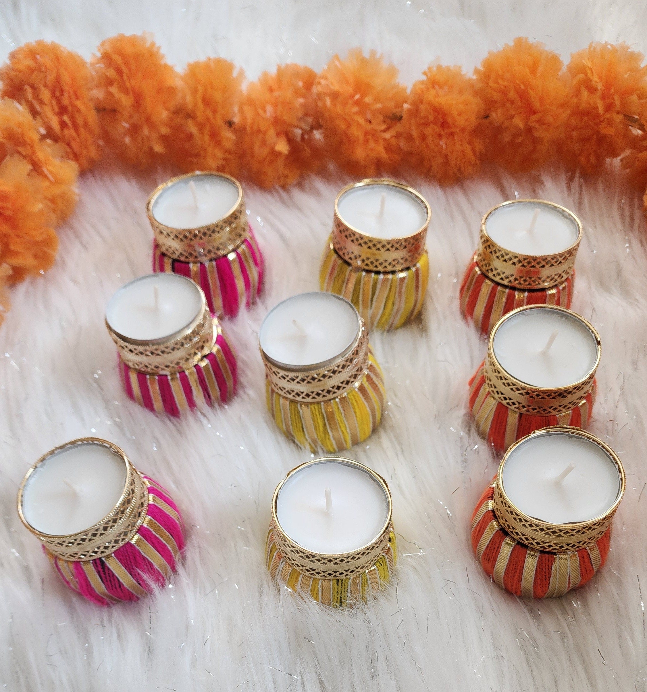 Handmade Multicolor Tea Light Holder: Diwali Favor, Pooja Decor (2.5 inches)