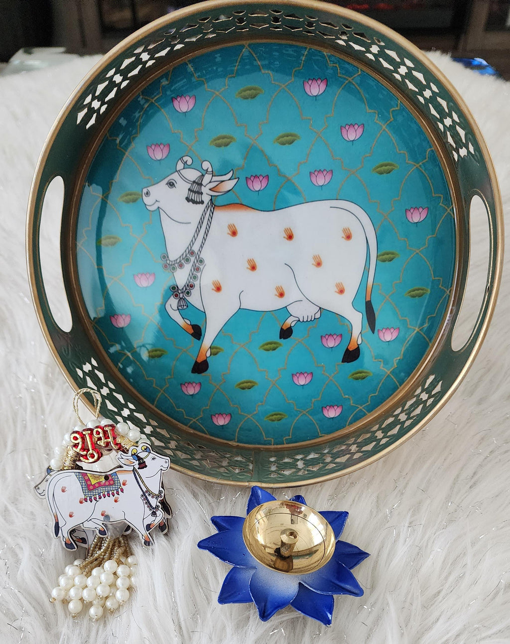 Pichwai Art Metal Tray Set: Nandi Cow Design, Diwali Decor.
