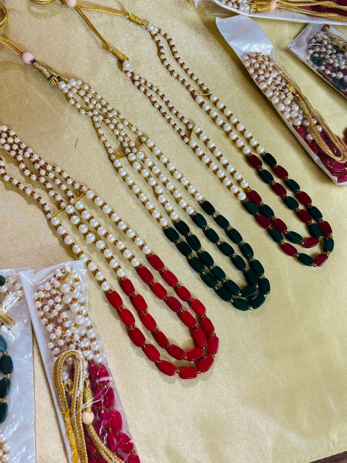 Pearl Mala Necklace: Handmade Indian Wedding Welcome Gift, Red Green White.