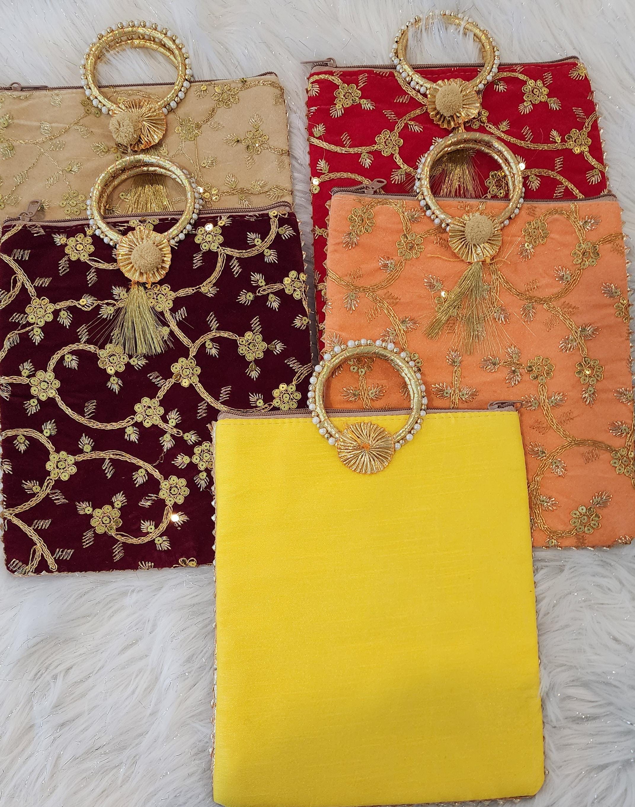 Embroidered Handmade Potli Bag with Handle and Zipper: Multicolor Floral Favor, Henna Party Gift.