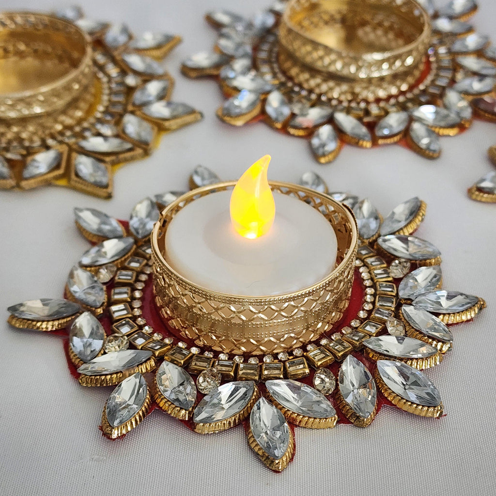 Kundan Tea Light Holder: Golden Diwali Pooja Decor, Wedding Favor
