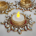 Kundan Tea Light Holder: Golden Diwali Pooja Decor, Wedding Favor