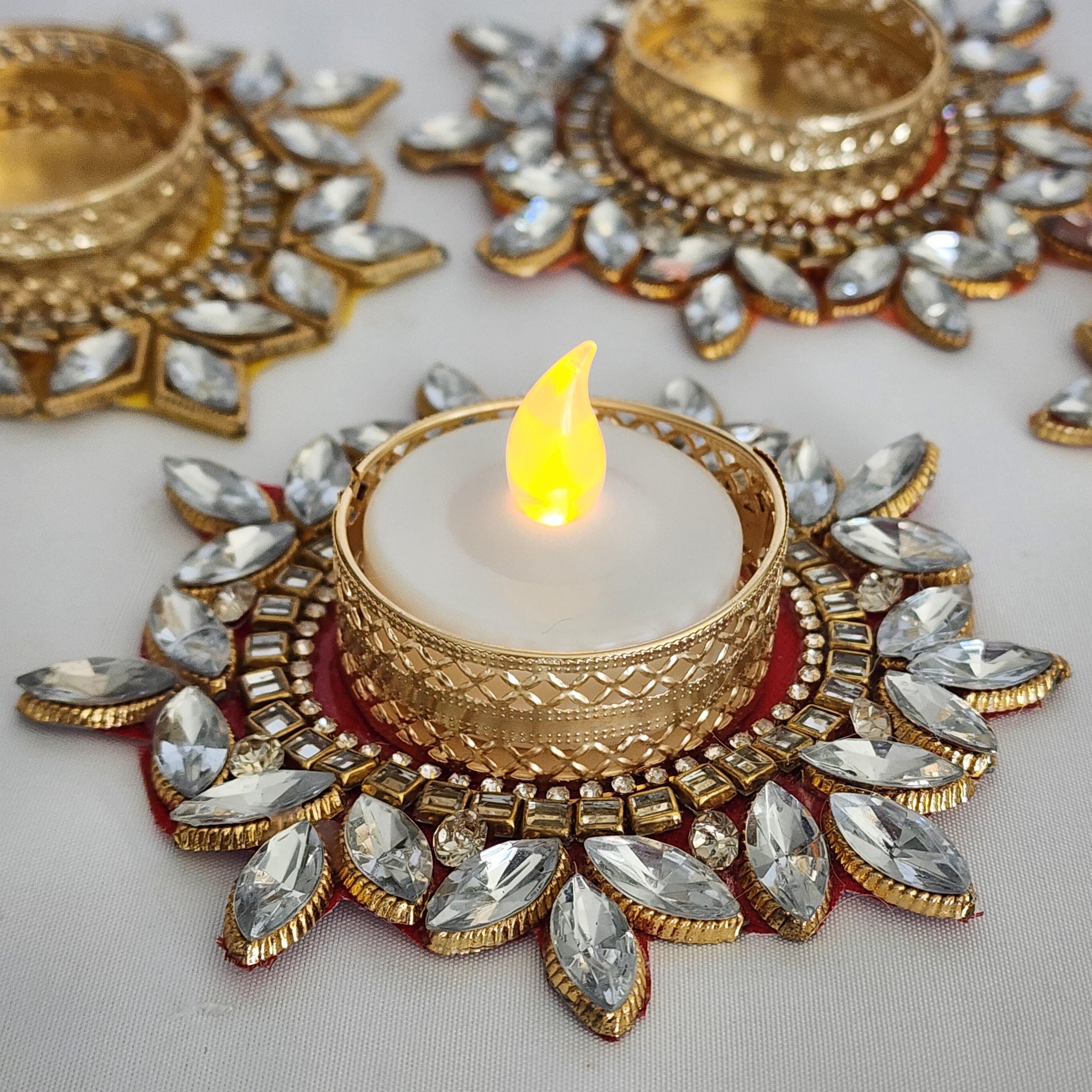 Kundan Tea Light Holder: Golden Diwali Pooja Decor, Wedding Favor