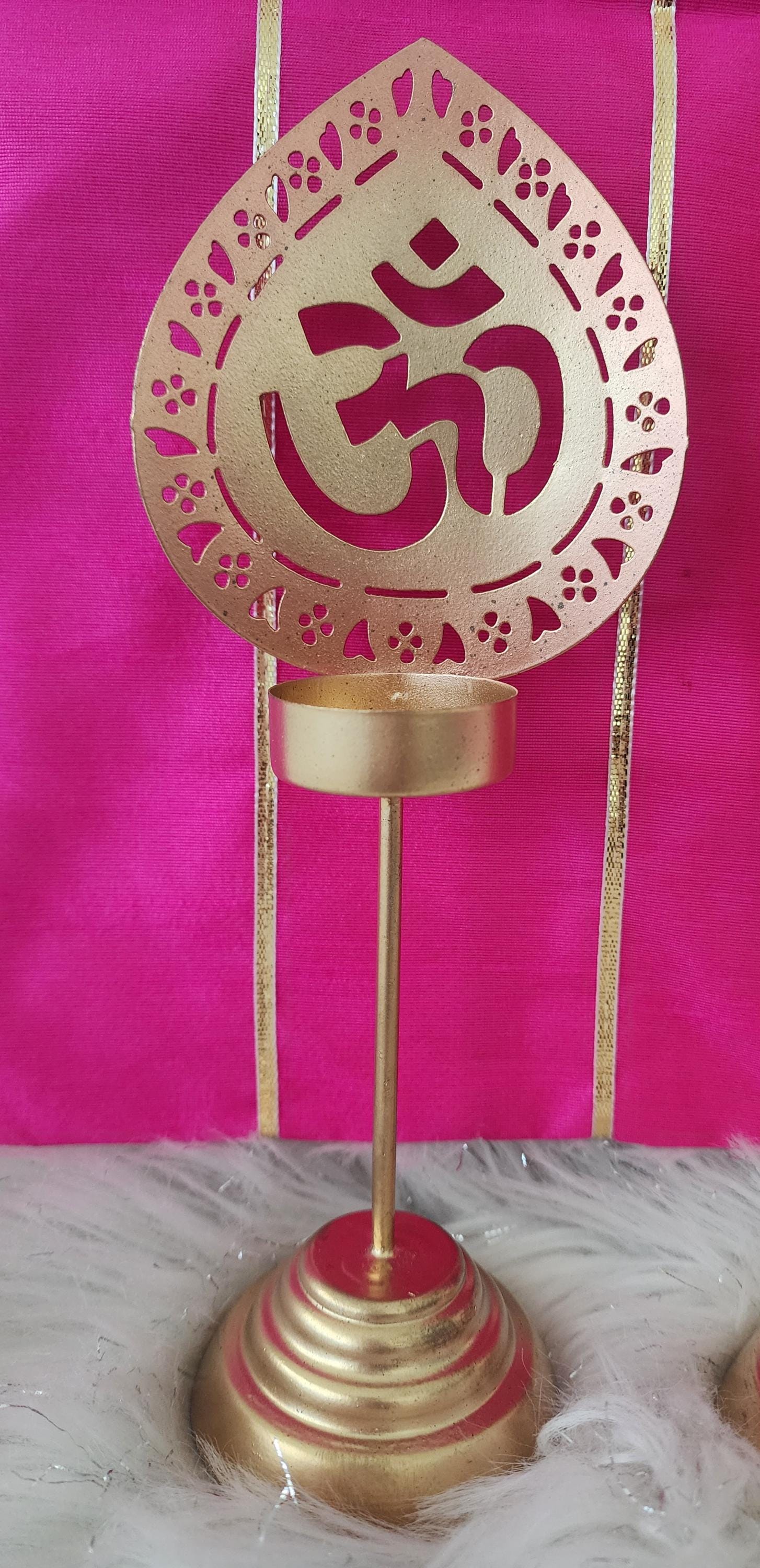 Handmade Metallic Urli Diya with Stand: Lotus/Om Diwali Decor - 10 inch