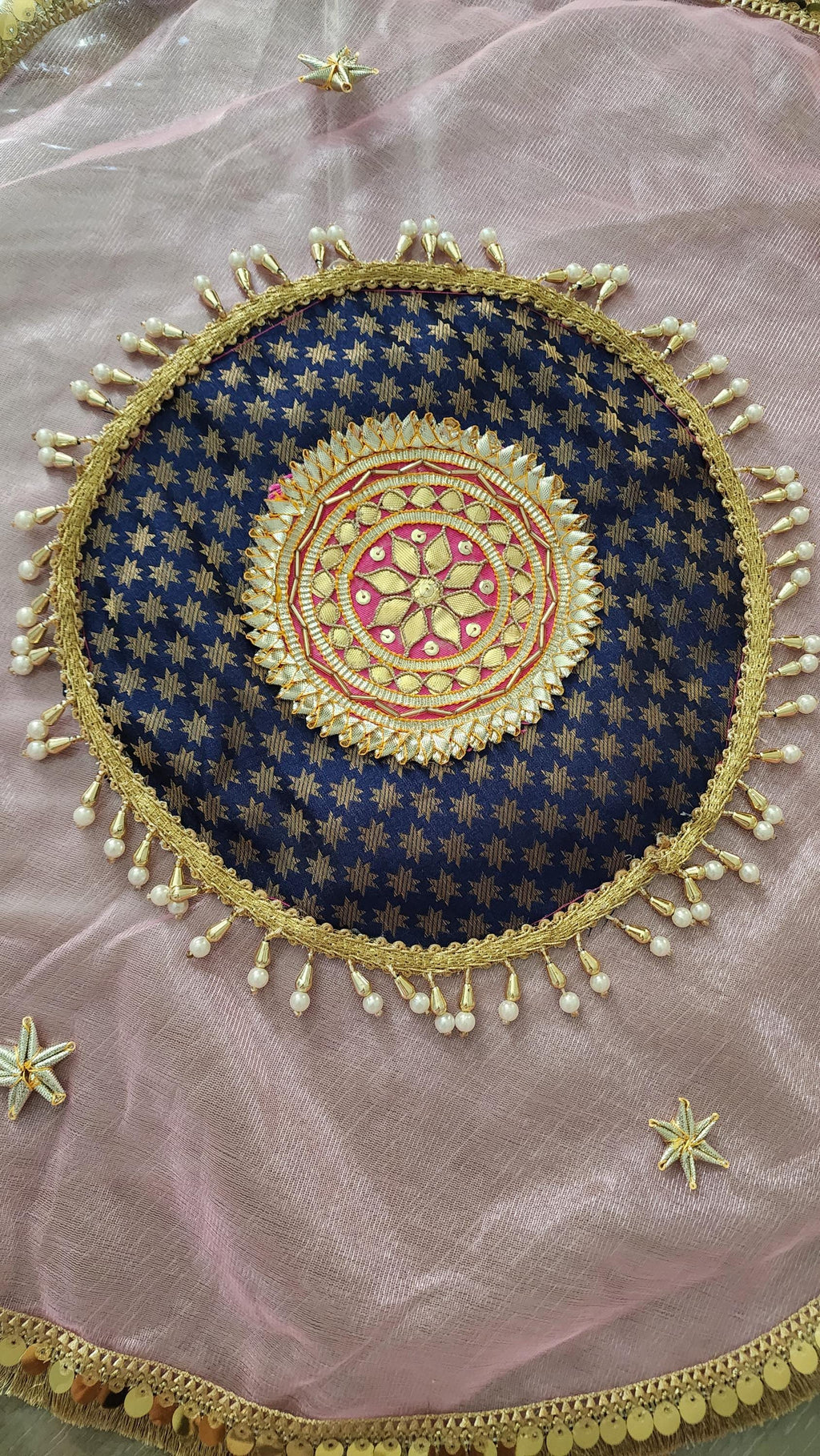 Handmade Organza Thali Cover: Indian Wedding Decor, Gota Embellished (21 inches)
