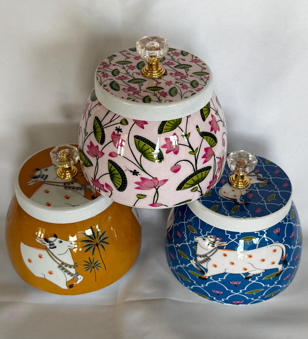 Pichwai Art Jar: Nandi Cow & Peacock Design, Copper Home Decor.