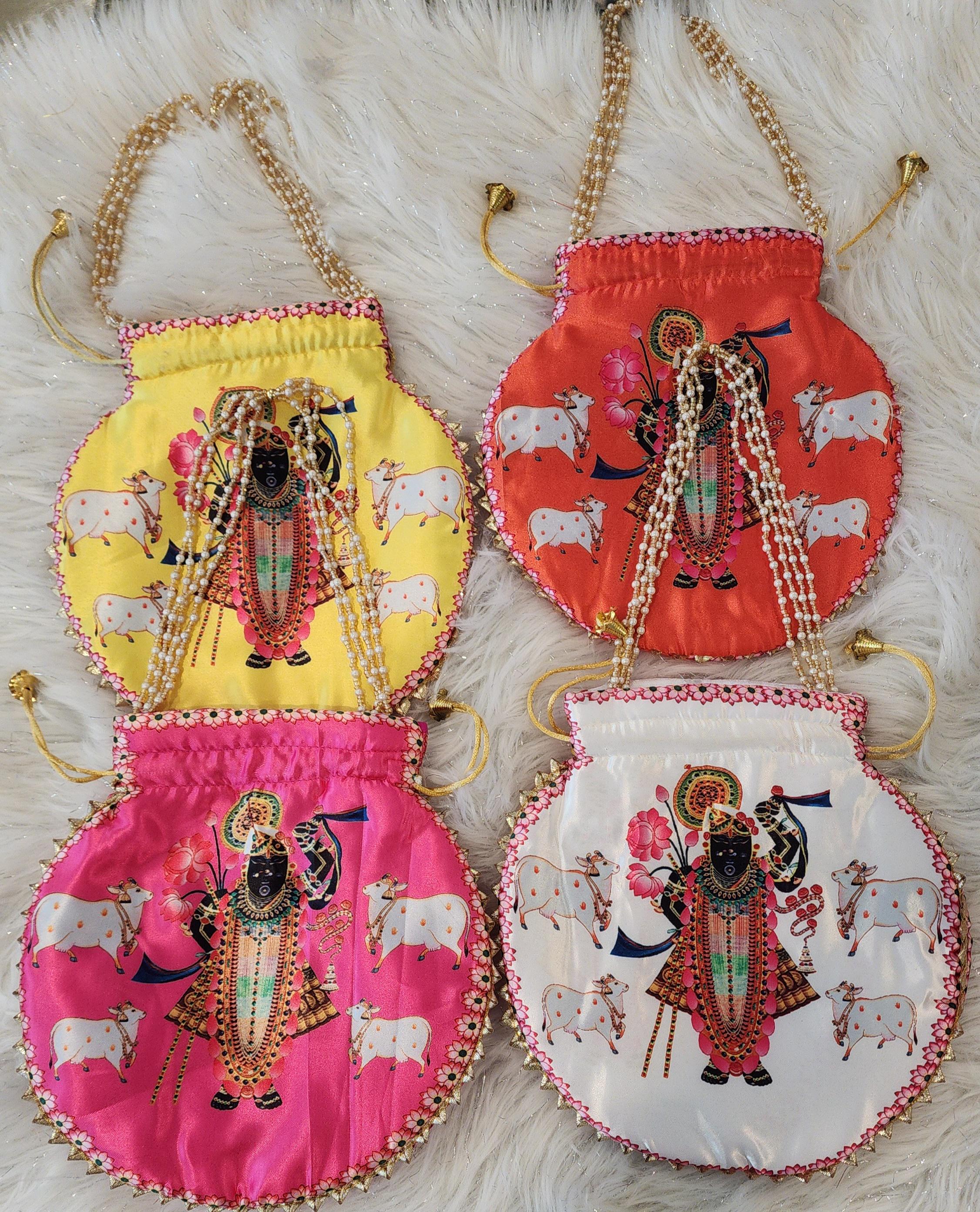 Shreenath ji God Potli Bag: Embroidered Silk Clutch, Indian Wedding Favor.
