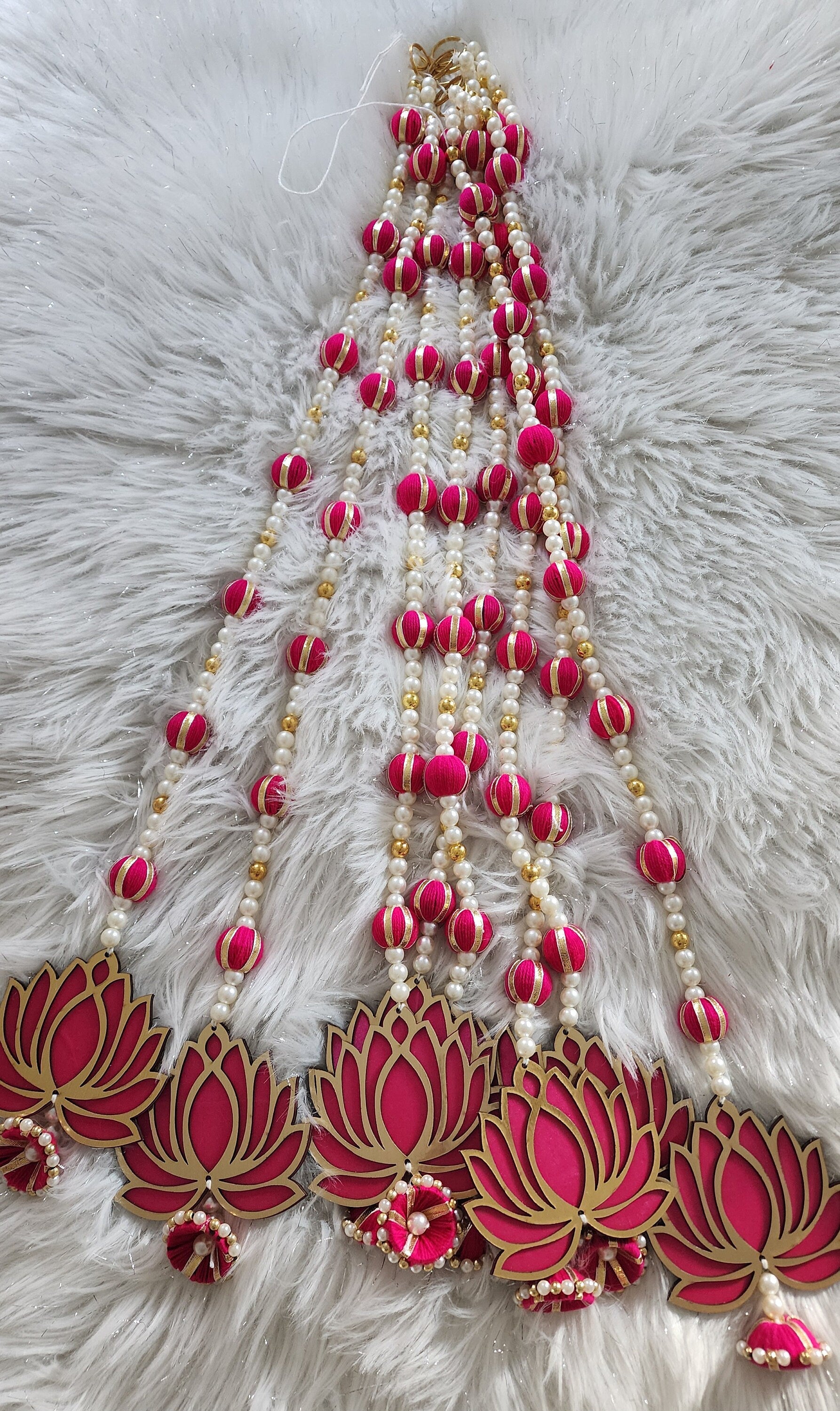 Pink Lotus Garland with Pearls Handmade Indian Wedding Hanging Mala - 24/30 inch