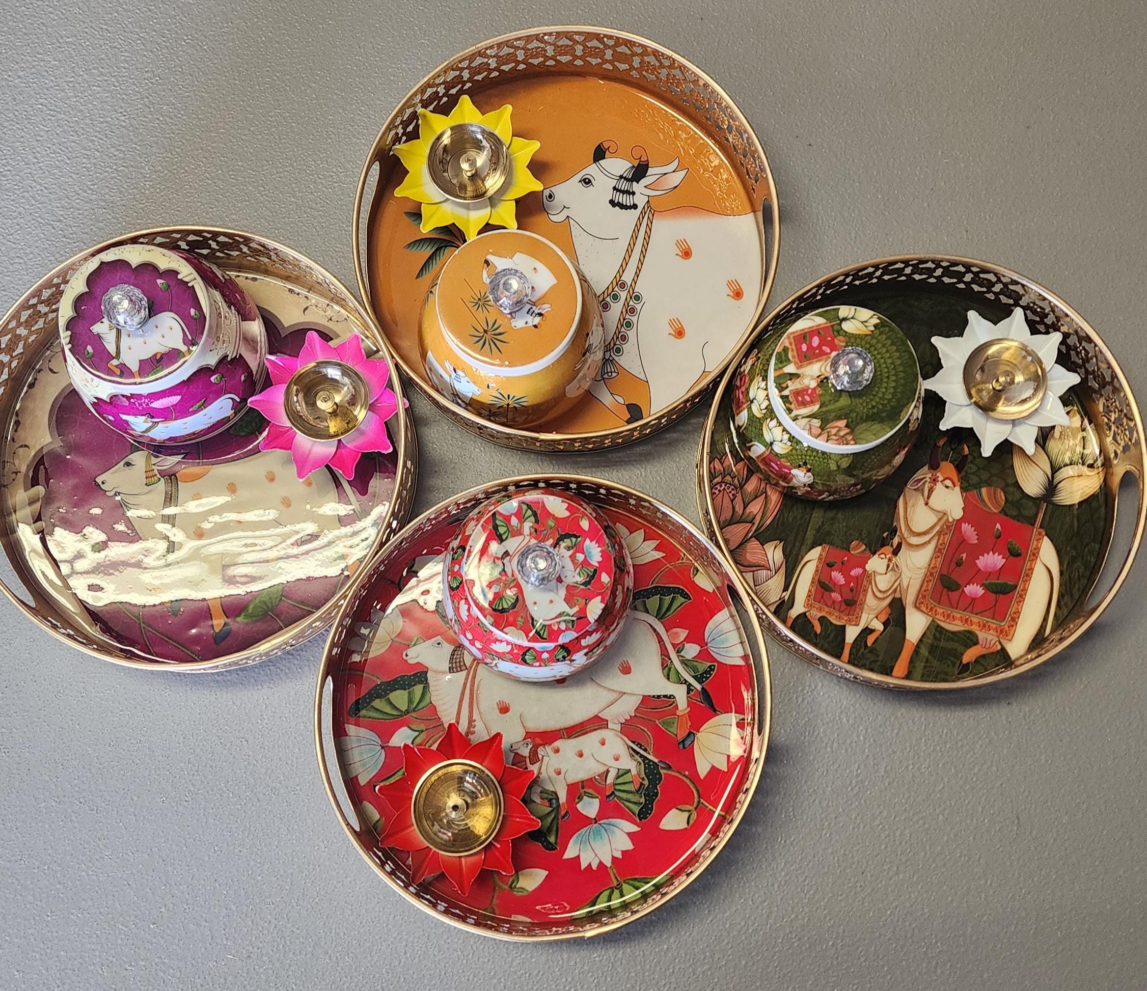Pichwai Art Metal Tray Set: Nandi Cow Design, Jar & Diya