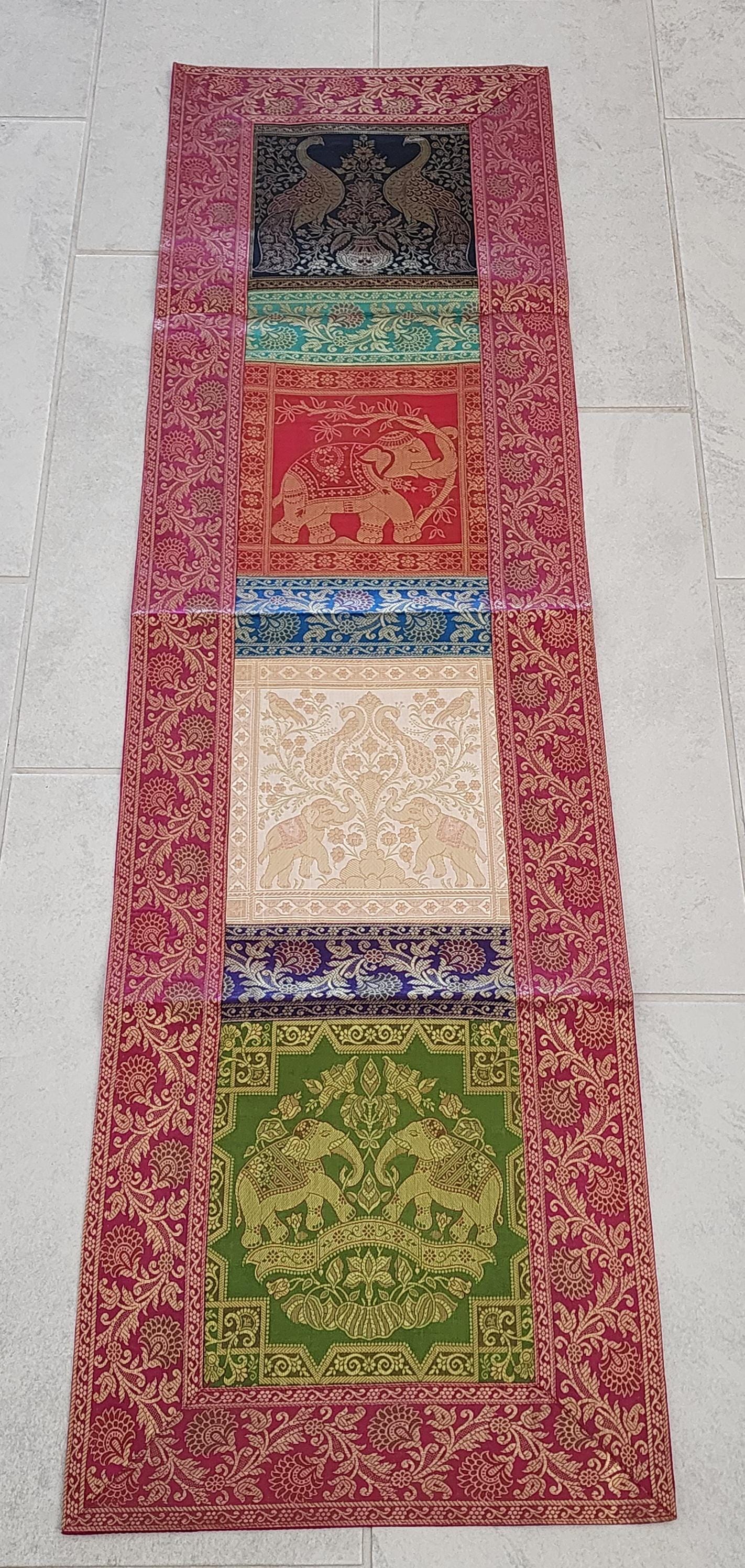 Elephant with peacock Print Silk Brocade Table Runner: Indian Decor (16X60 Inch)