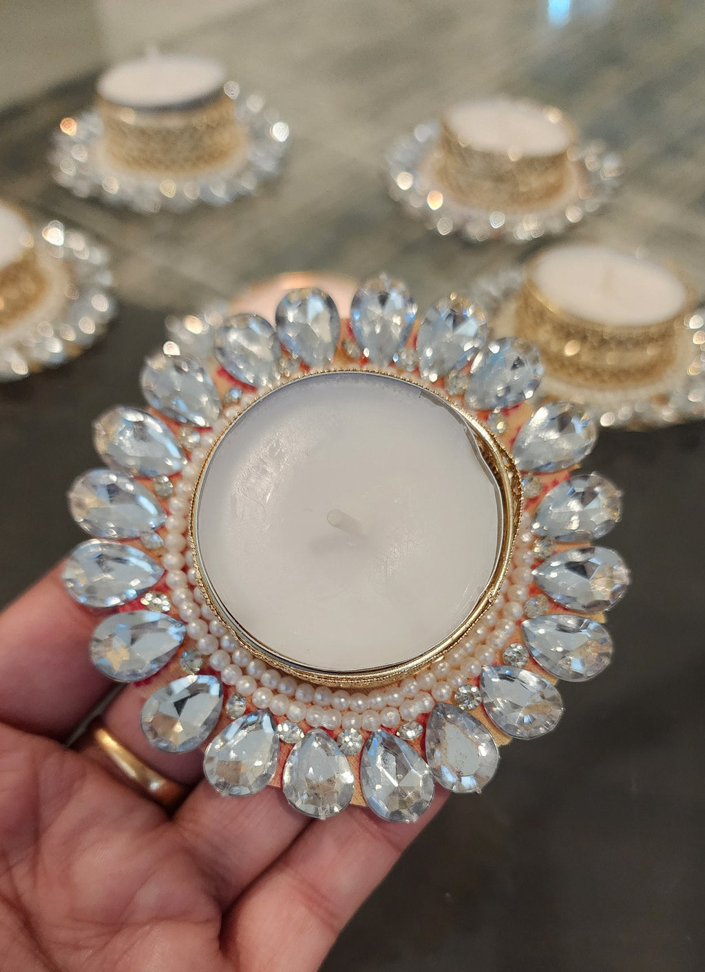 Silver Stone Tea Light Holder: Diwali Pooja Decor, Wedding Favor