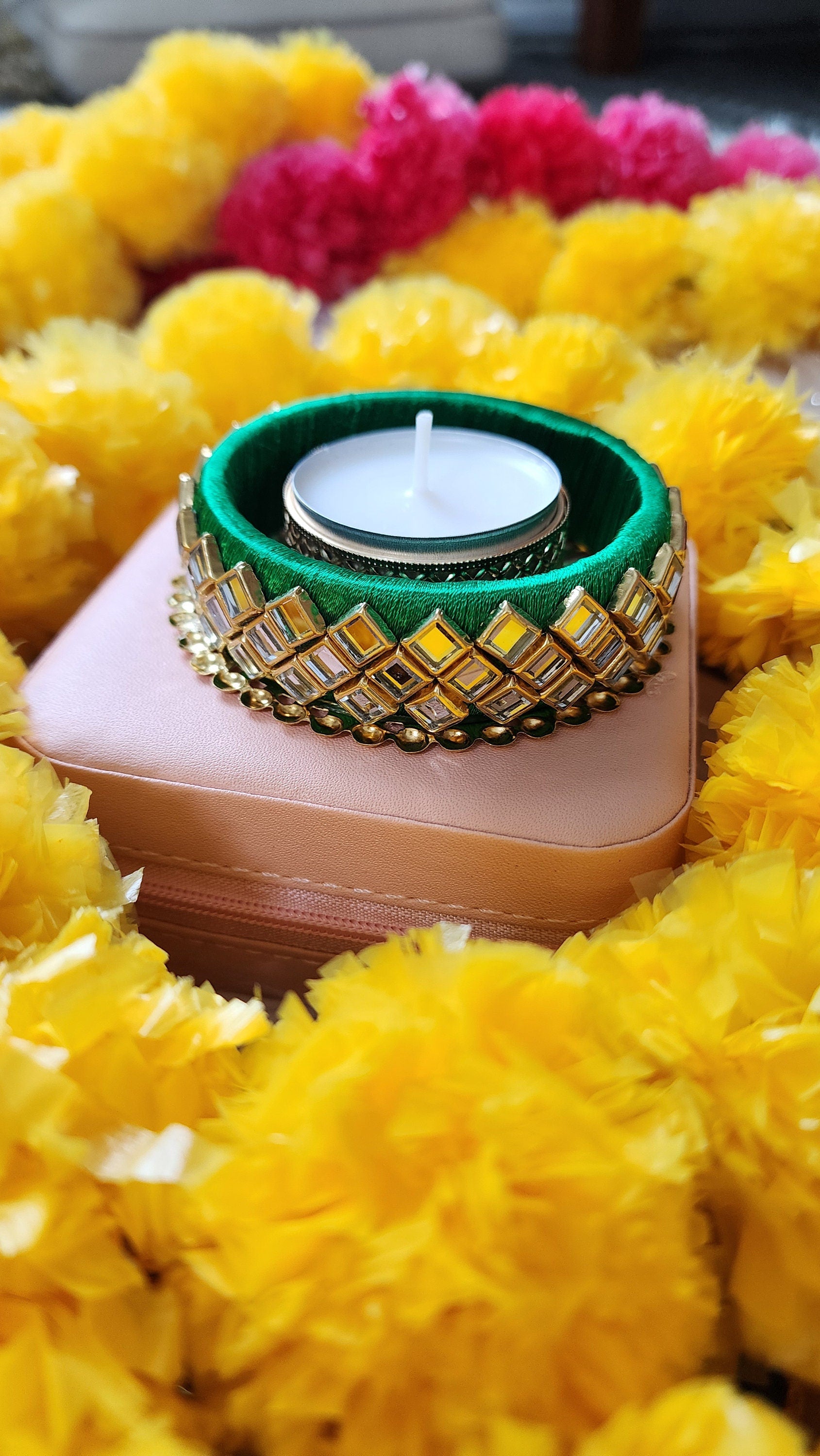 Kundan Tea Light Holder: Diwali Pooja Decoration, Wedding Favor.