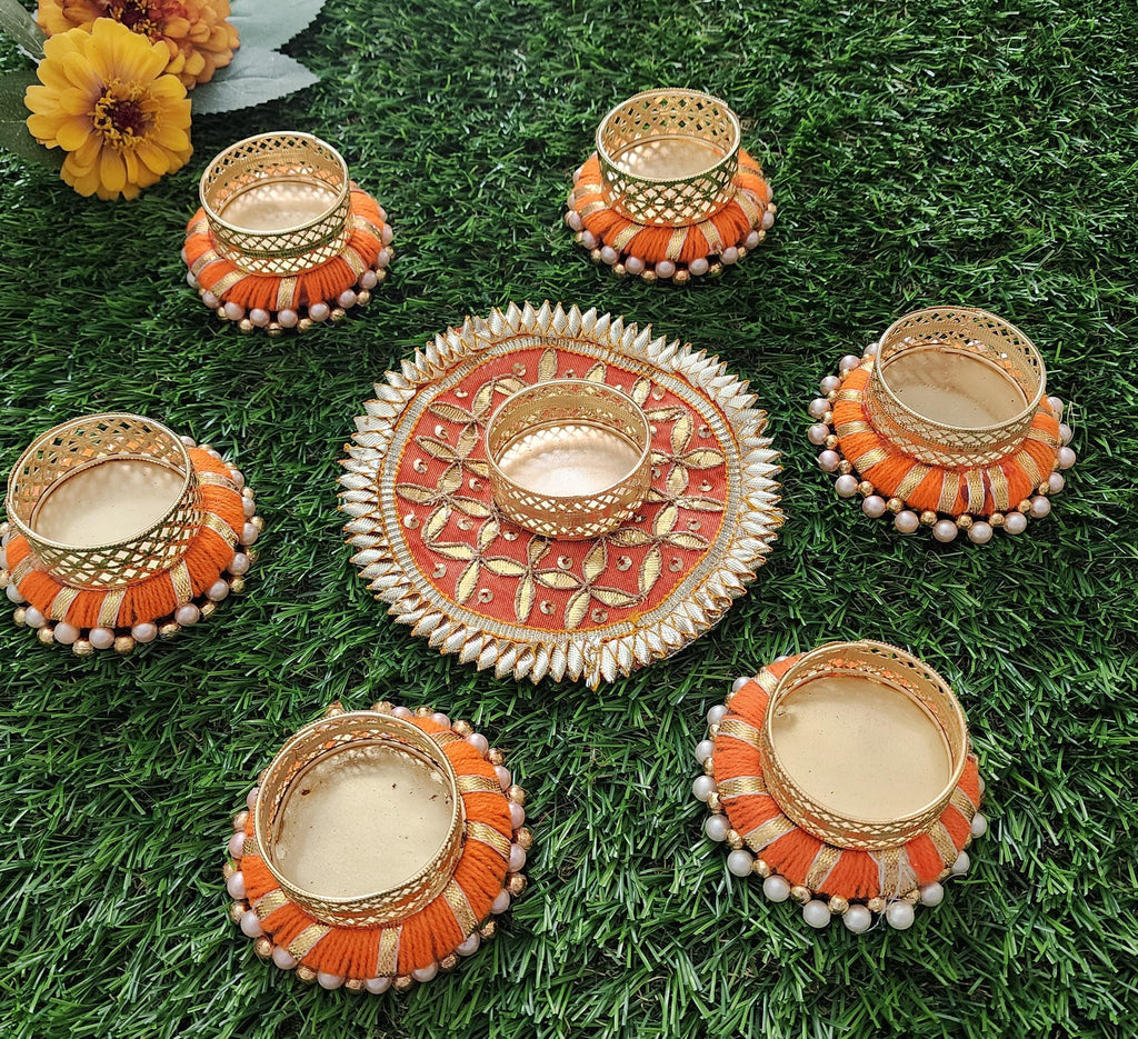 Handmade Gotta Work Rangoli Set: Diwali Tealight Candle Holders