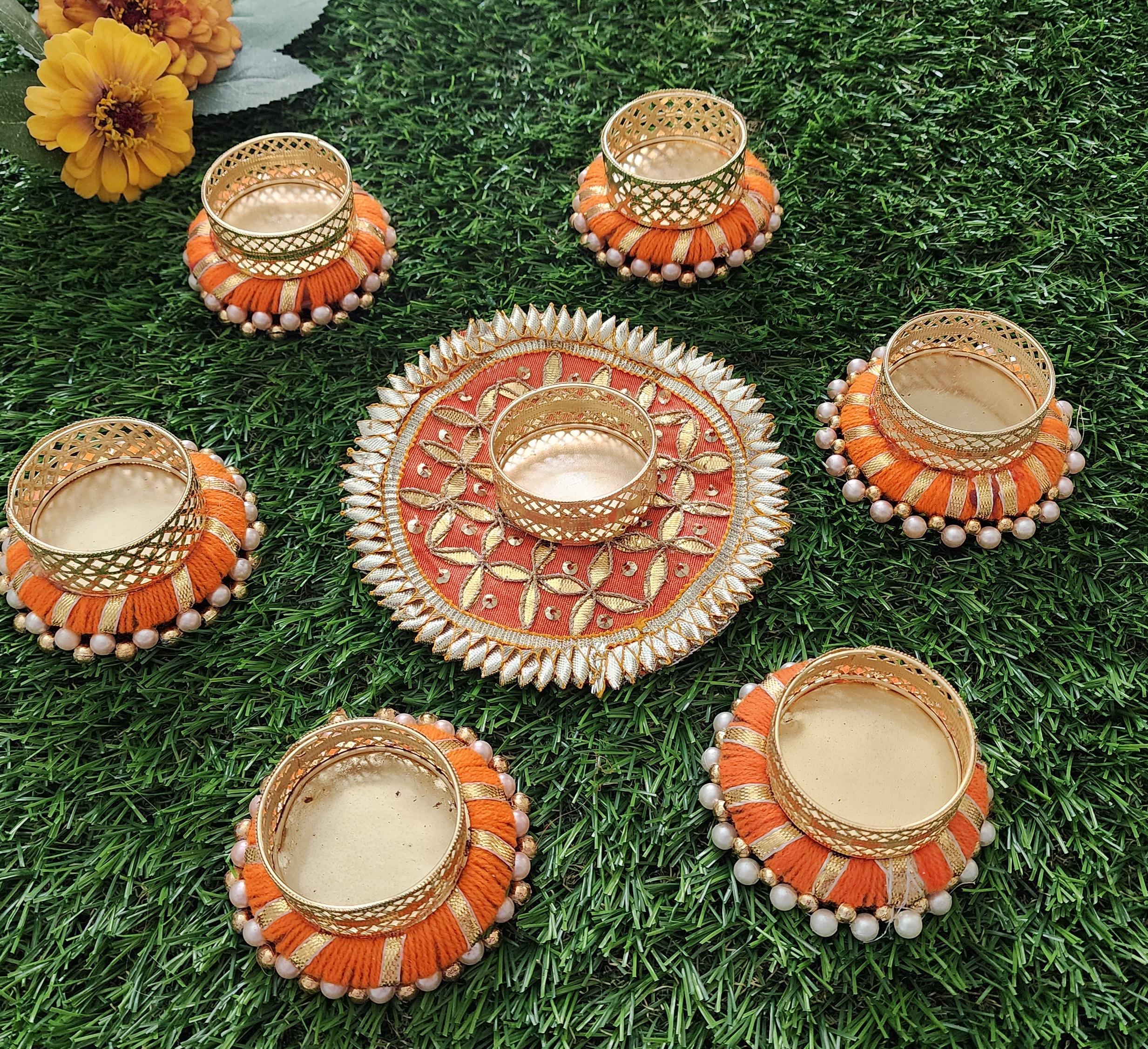 Handmade Gotta Work Rangoli Set: Diwali Tealight Candle Holders