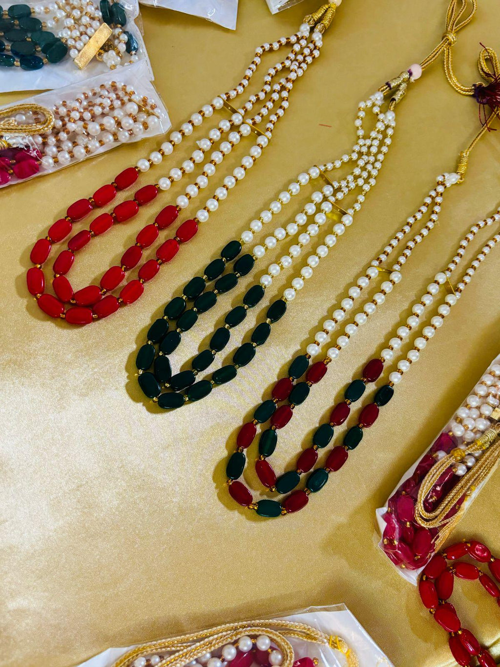 Pearl Mala Necklace: Handmade Indian Wedding Welcome Gift, Red Green White.