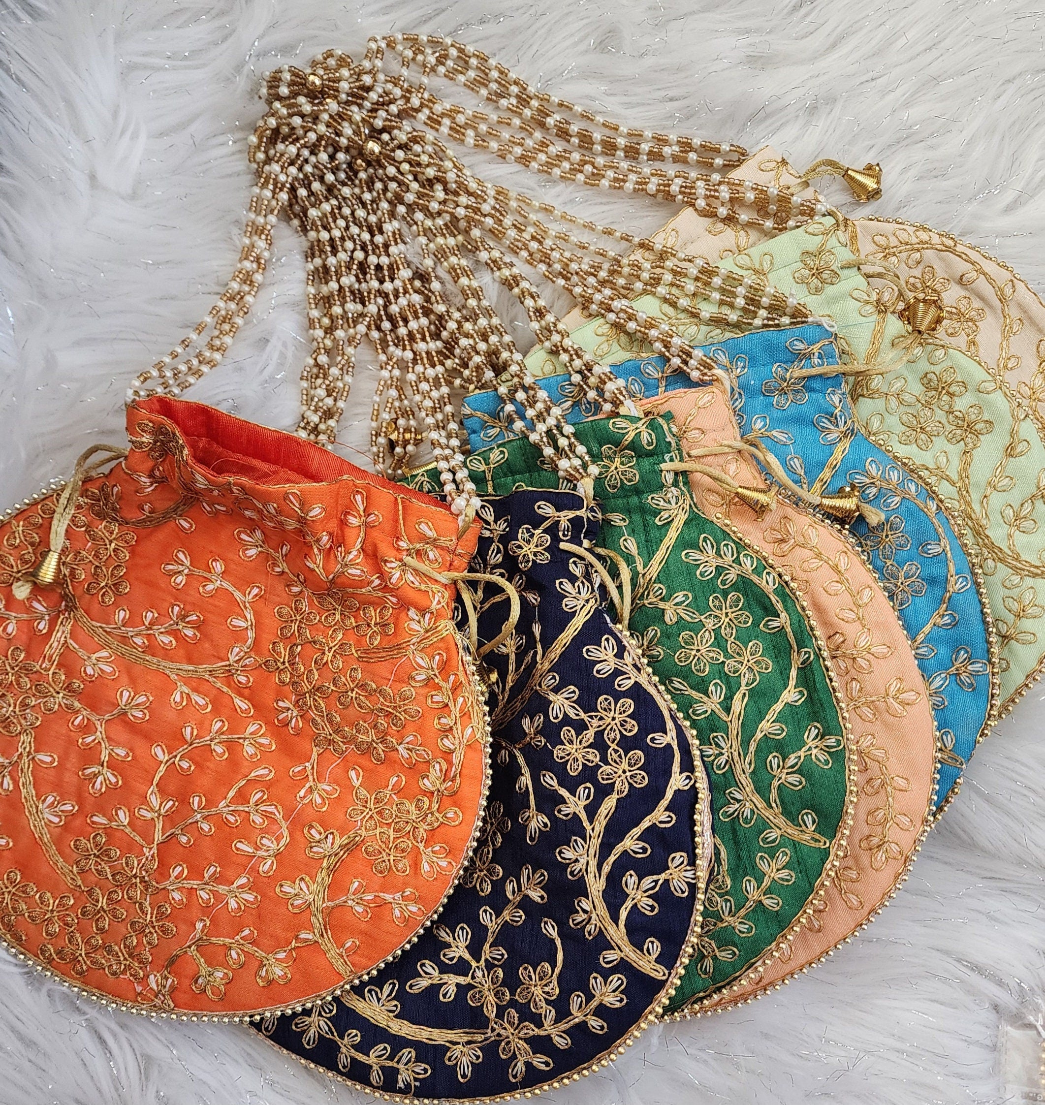 Diwali Potli Bag Set: Embroidered Pooja Gift, Housewarming Favors (5 Pcs)