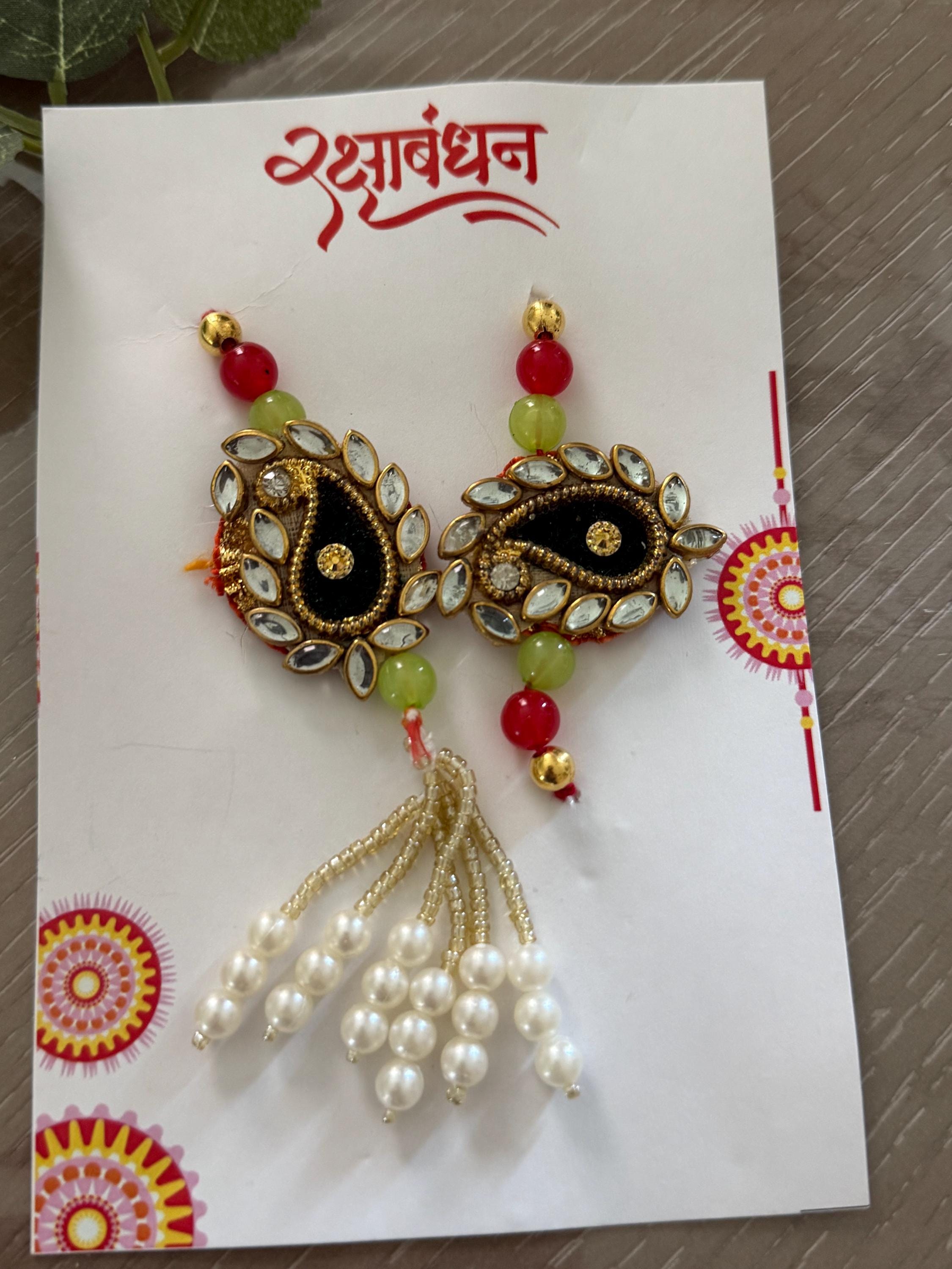 Handmade Kundan Couple Rakhi Set: Pearl Chain, Roli & Chawal