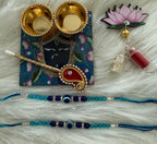 Handmade Rakhi Combo Set: Evil Eye Rakhi, Haldi Kumkum Plate