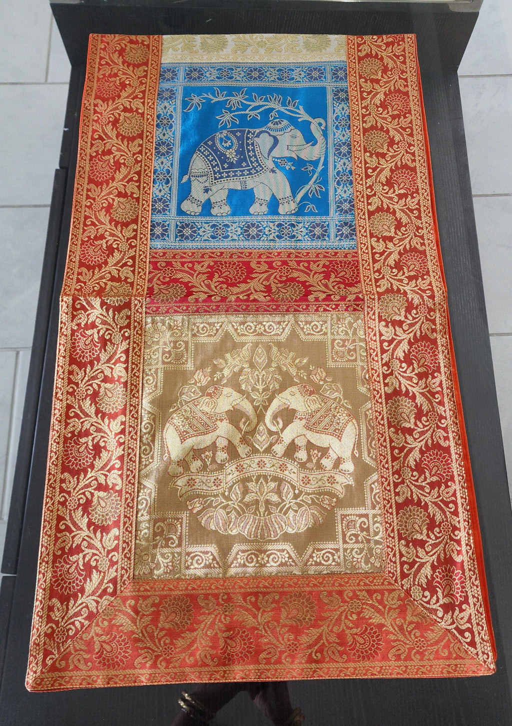 Elephant Print Silk Brocade Table Runner: Indian Decor (16X60 Inch)