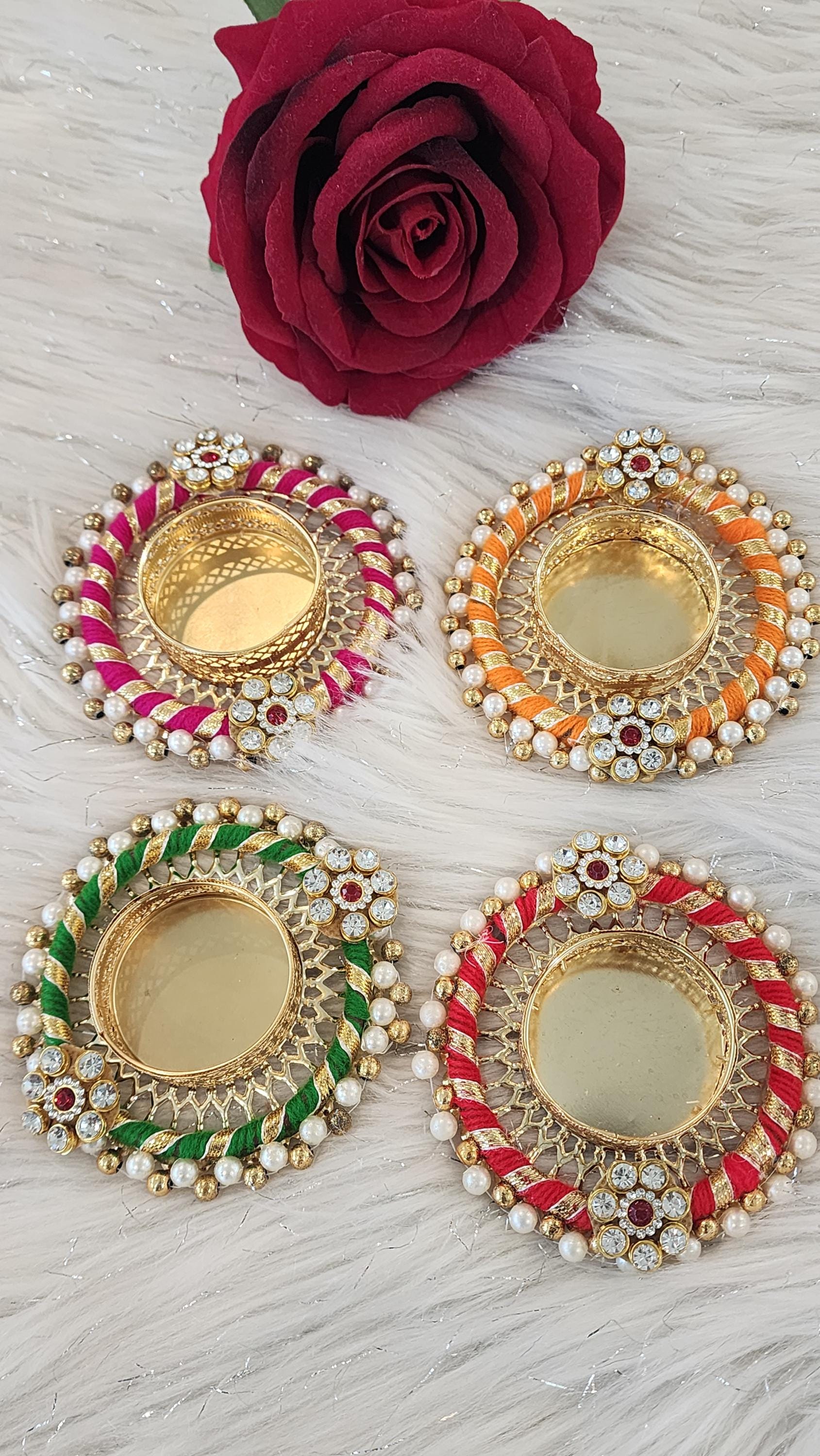 Handcrafted Kundan Tea Light Holder: Diwali Pooja Decor, Multi Color, 4 inch