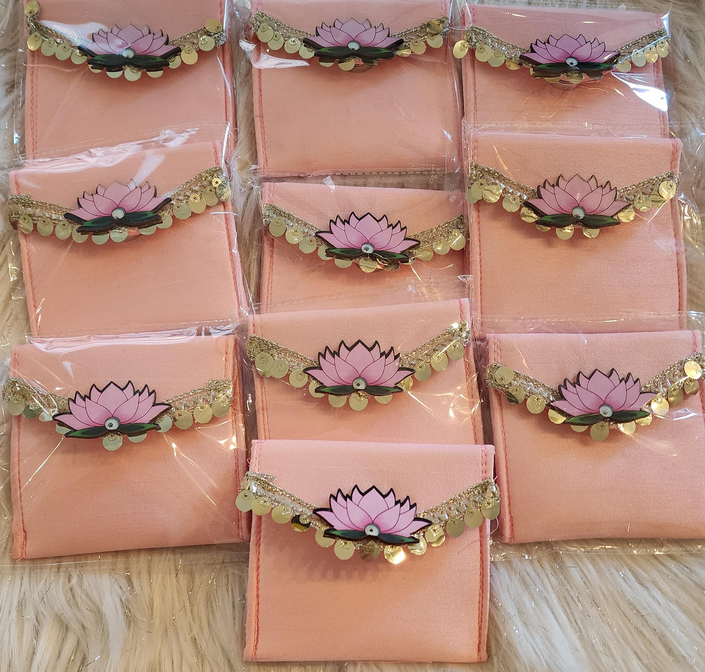Set of 5 Handcrafted Lotus Pouches: Colorful Diwali Wedding Favors.