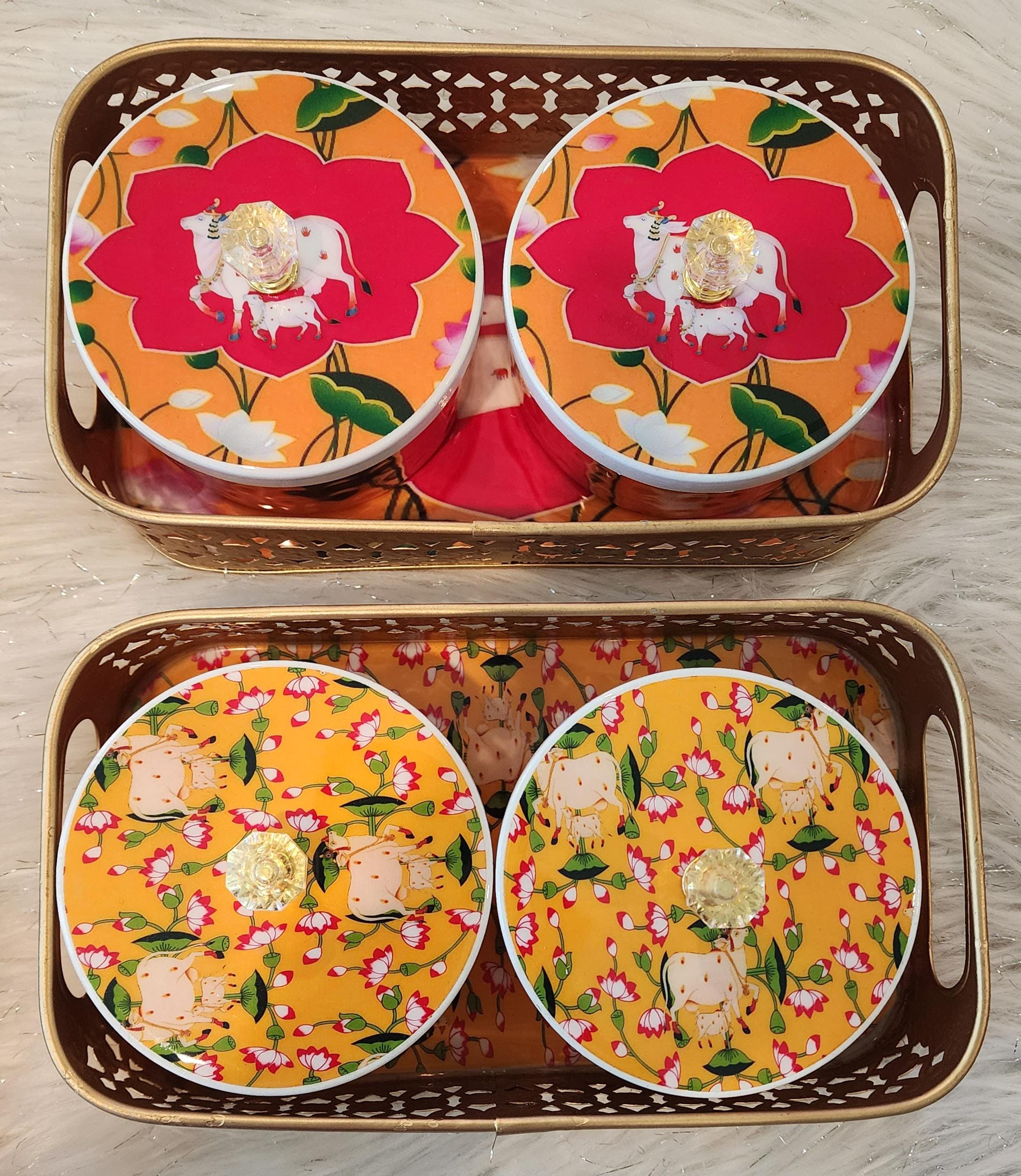 Handmade Pichwai Art Tray Set: Nandi Cow Design, Home Decor.