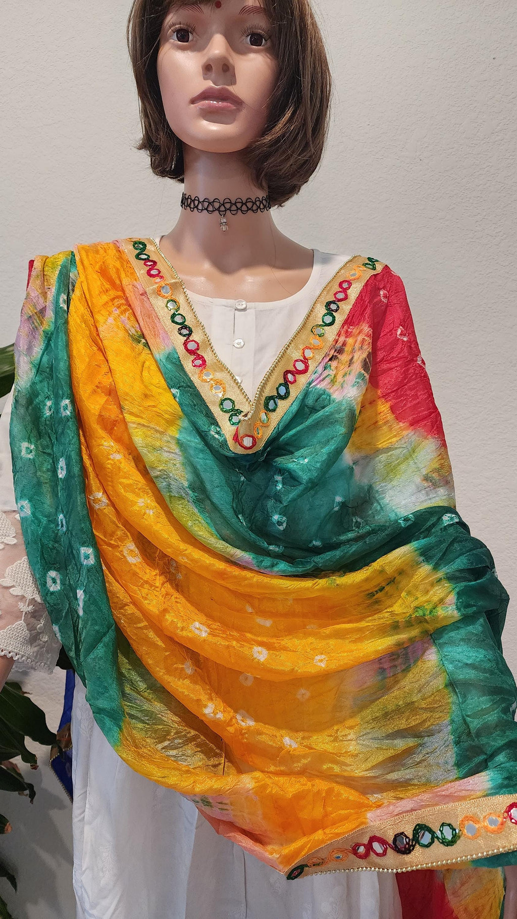 Bandhej Art Silk Dupatta: Rajasthani Gotta Patti Wedding Scarf