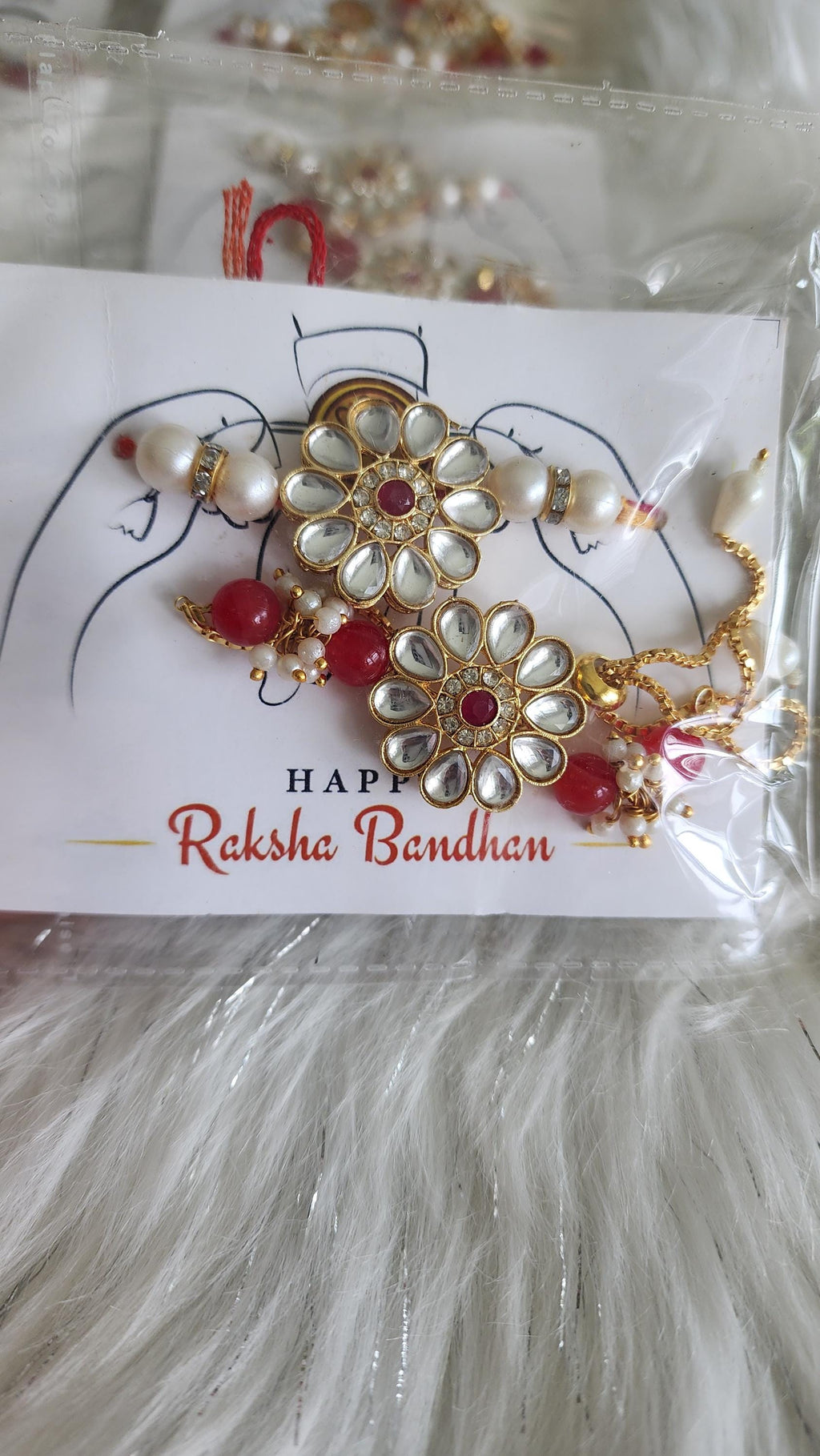 Handmade Kundan Couple Rakhi Set: Pearl Chain, Roli & Chawal