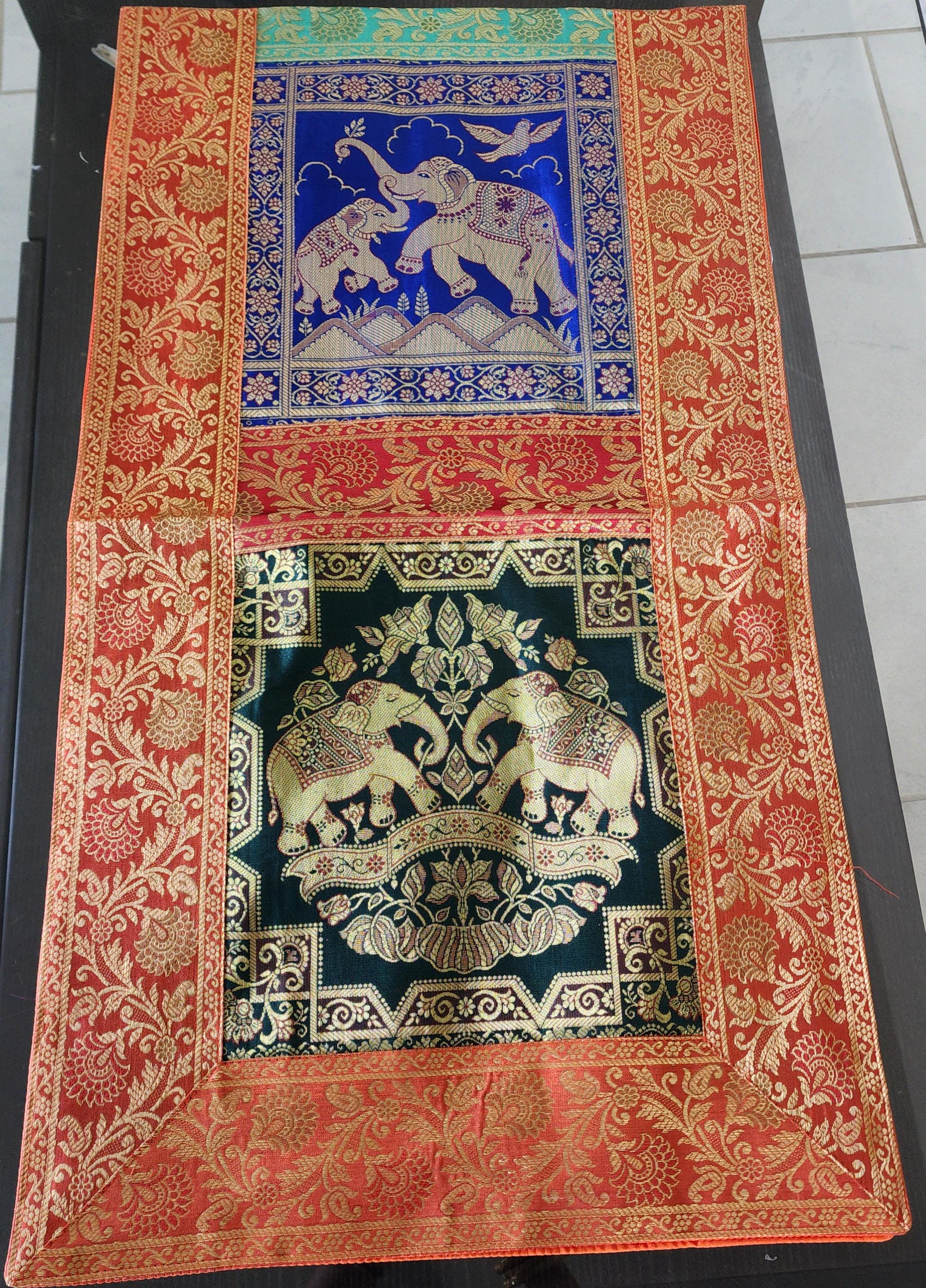 Elephant Print Silk Brocade Table Runner: Indian Decor (16X60 Inch)