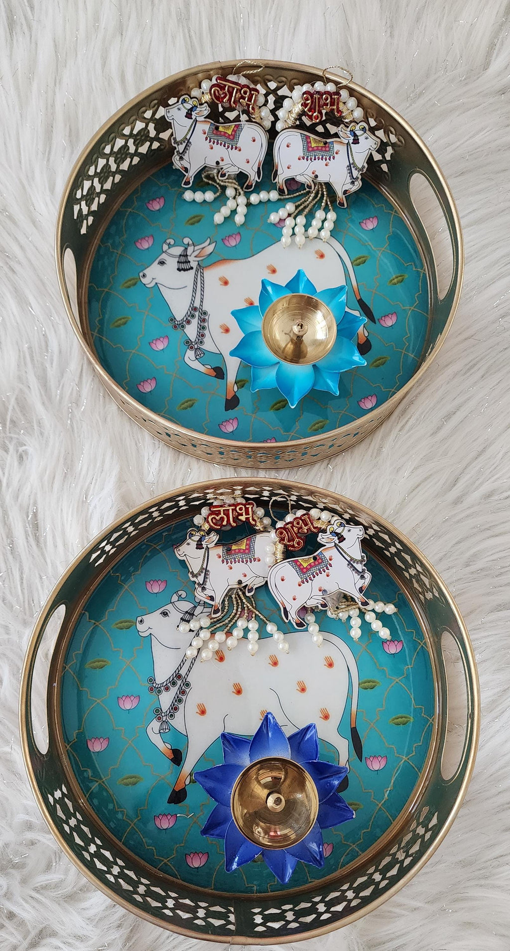 Pichwai Art Metal Tray Set: Nandi Cow Design, Diwali Decor.