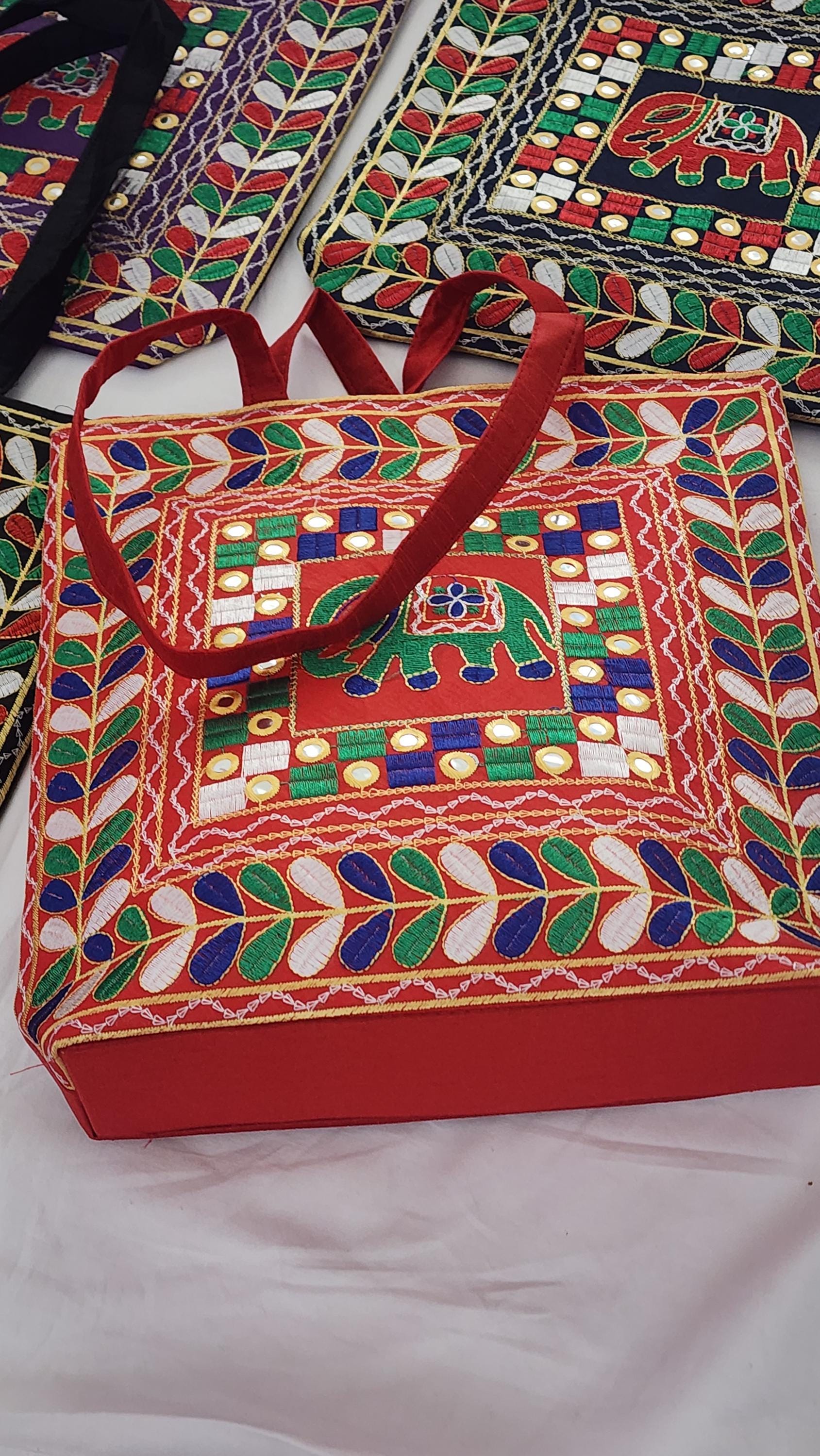 Embroidered Elephant Crossbody Bag: Indian Mirror Work Jhola Bag