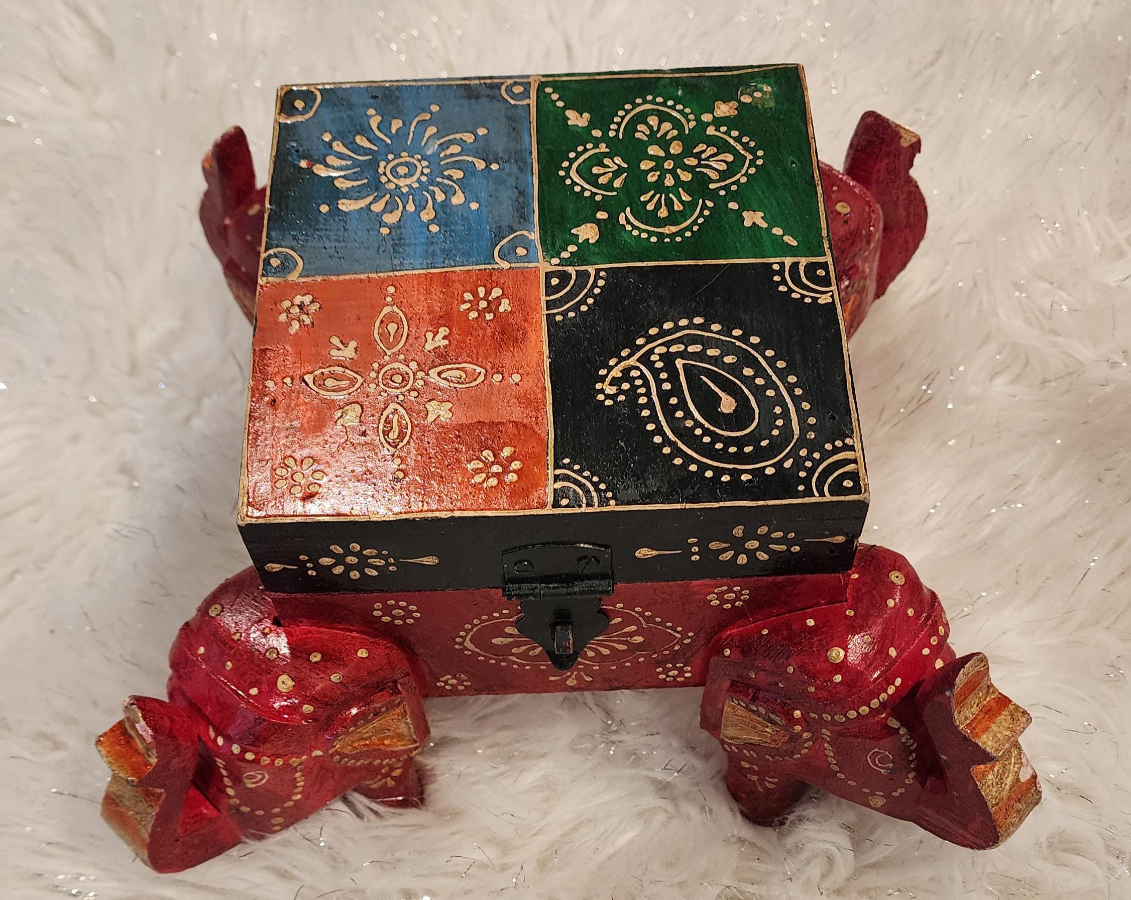 Handcrafted Wooden Elephant Trinket Box: Boho Indian Decor (5x5x5 inch)