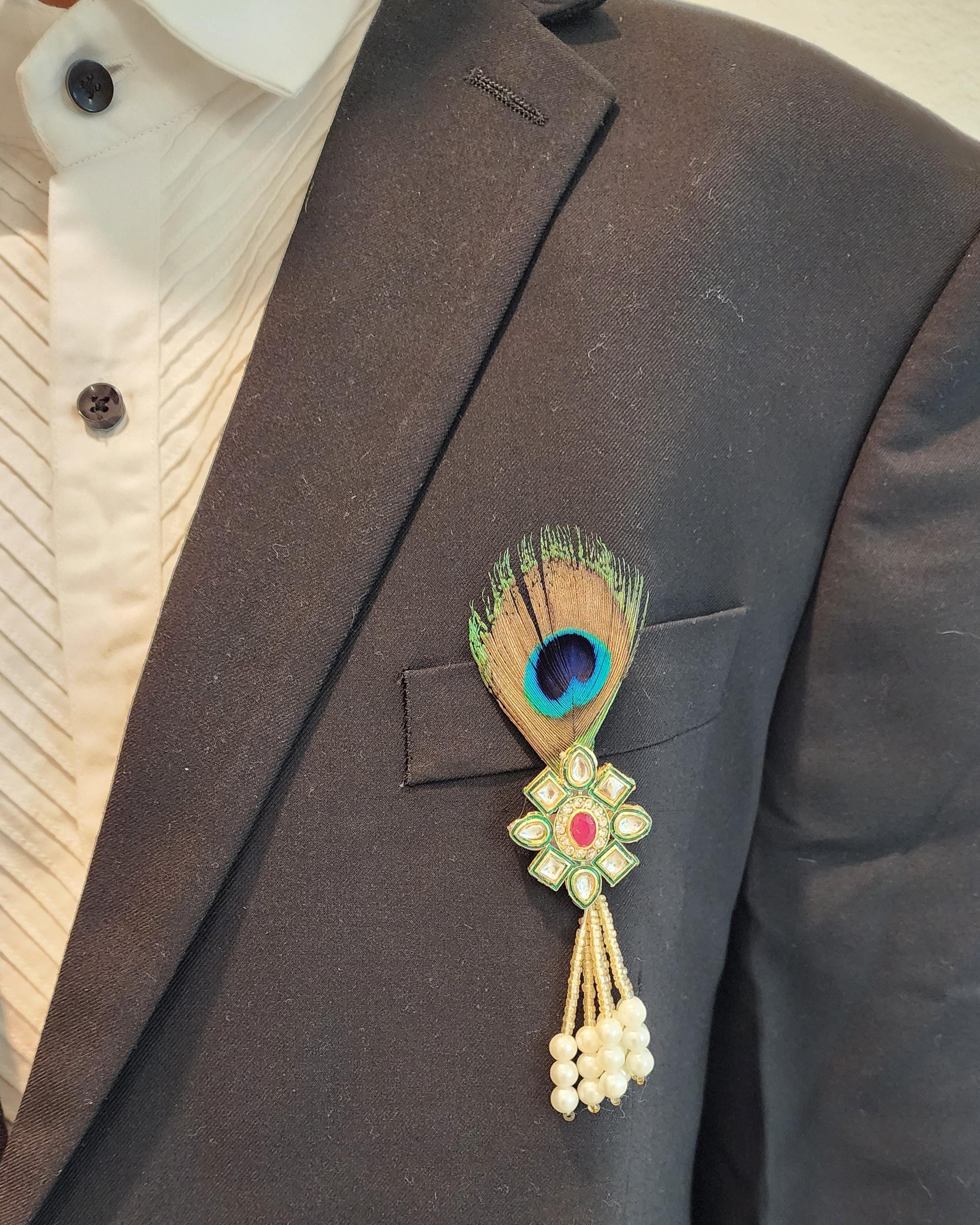 Peacock Feather Wedding Brooches: Lotus Kundan Indian Favor Pins