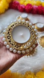 Golden Tea Light Holder: Pearl Base, Diwali Decoration.