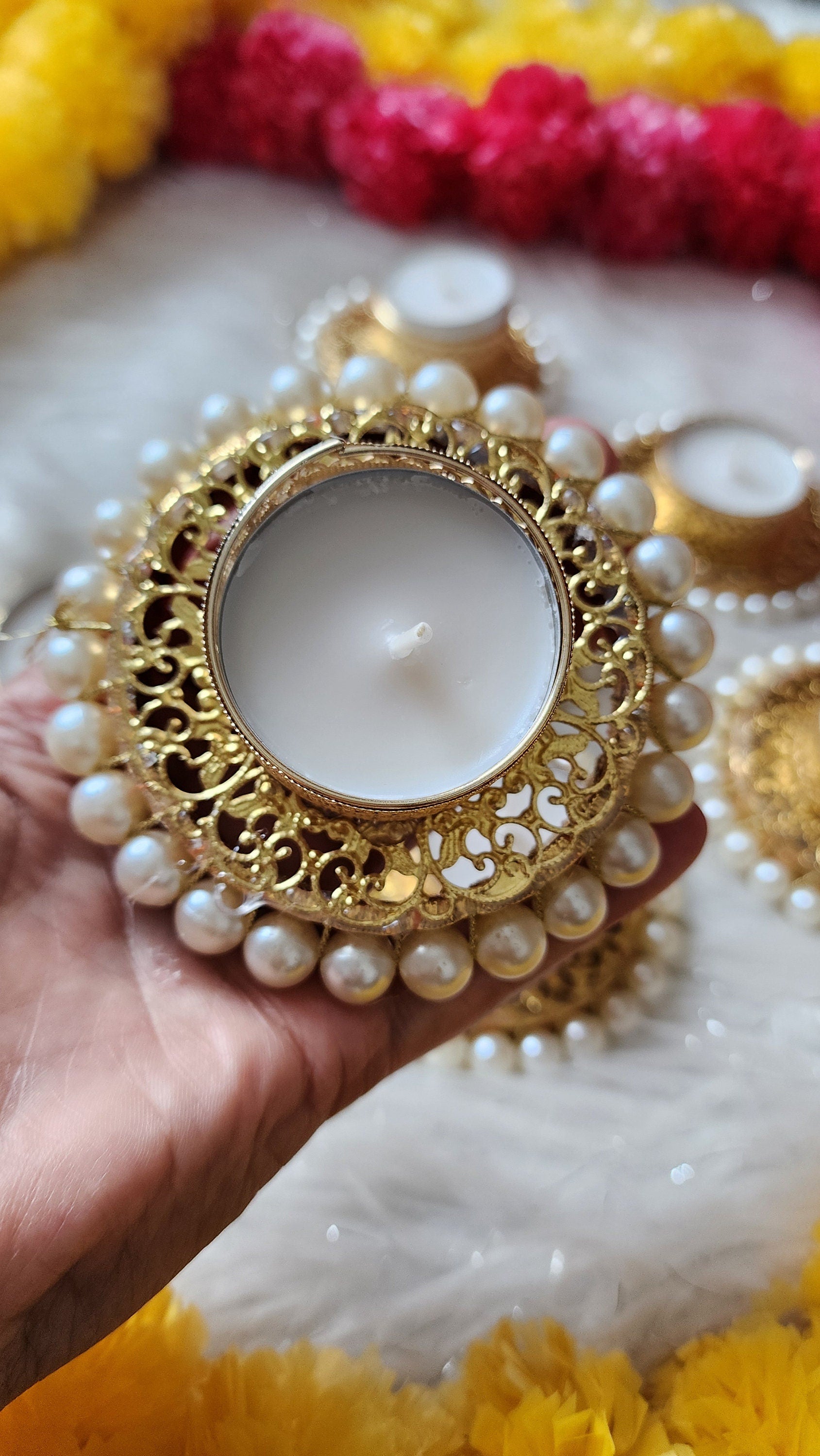 Golden Tea Light Holder: Pearl Base, Diwali Decoration.