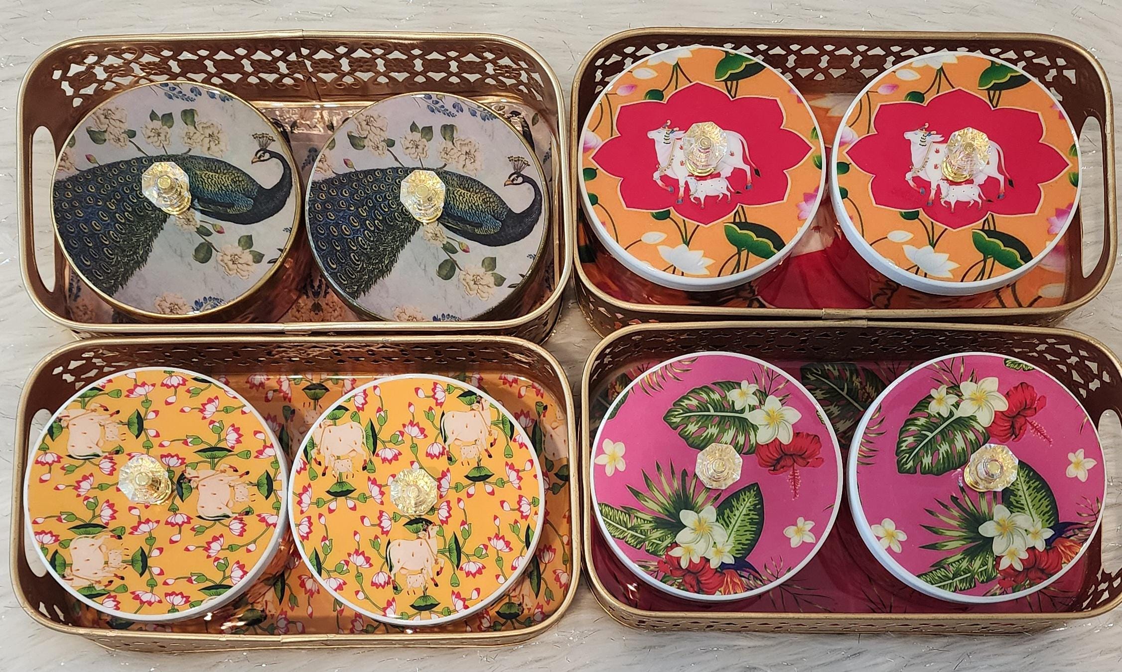 Handmade Pichwai Art Tray Set: Nandi Cow Design, Home Decor.