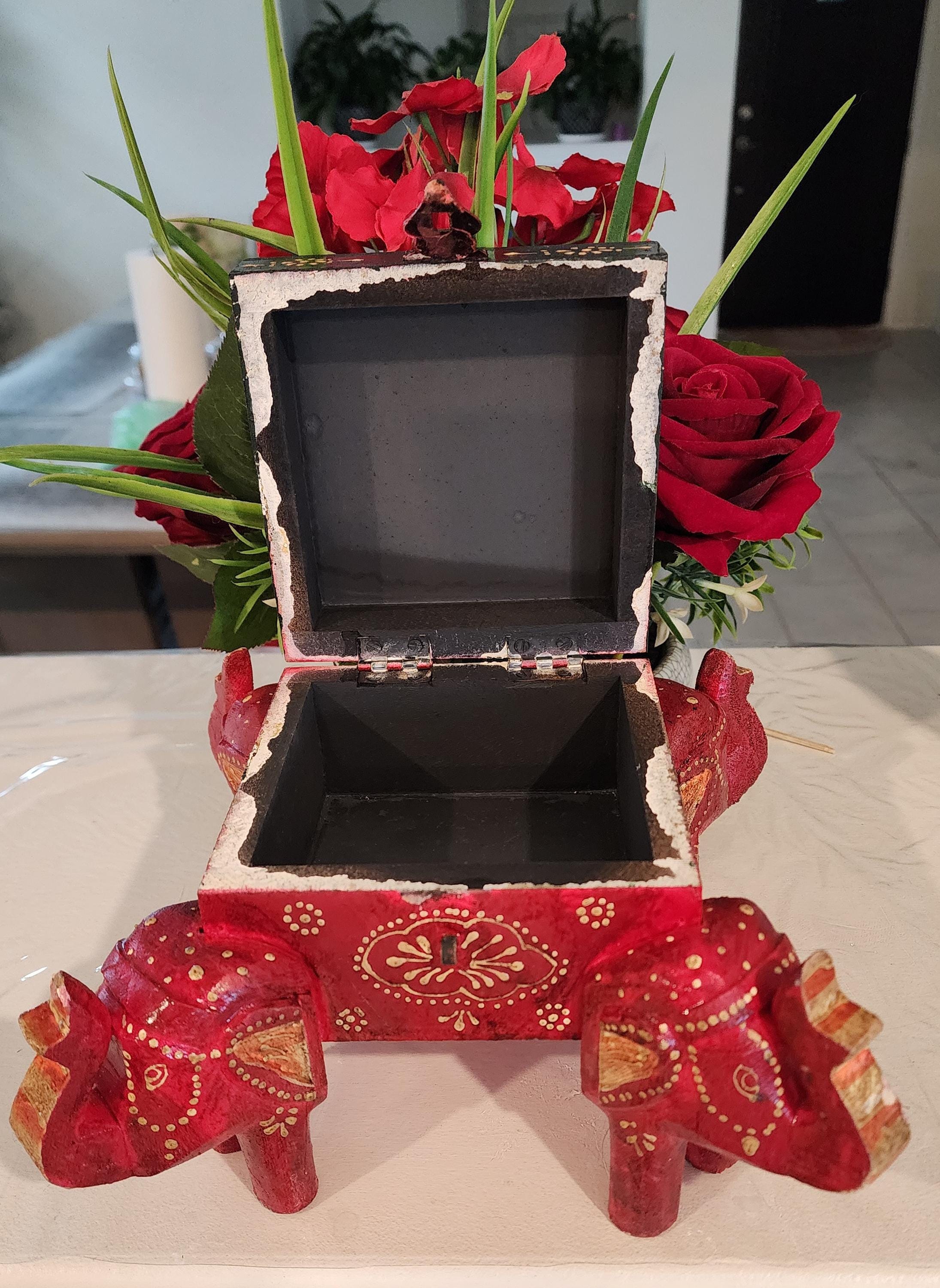 Handcrafted Wooden Elephant Trinket Box: Boho Indian Decor (5x5x5 inch)