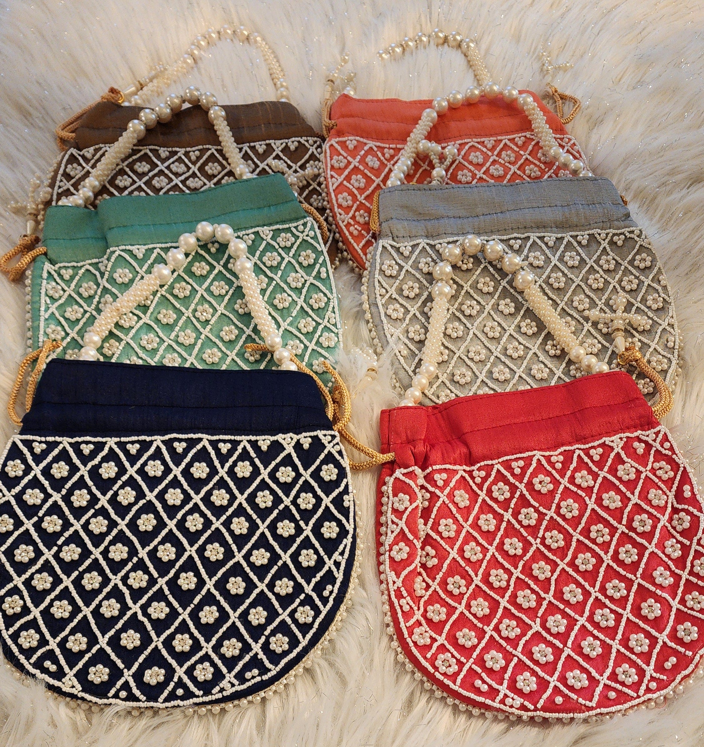 Beaded Pearl Potli Bag: Indian Wedding Clutch, Handmade Silk Purse.