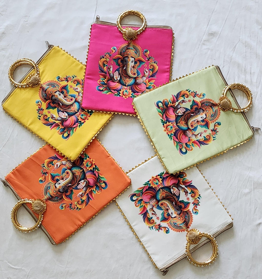 Ganesh Ji Print Silk Potli Bag: Multicolor Indian Wedding Favor